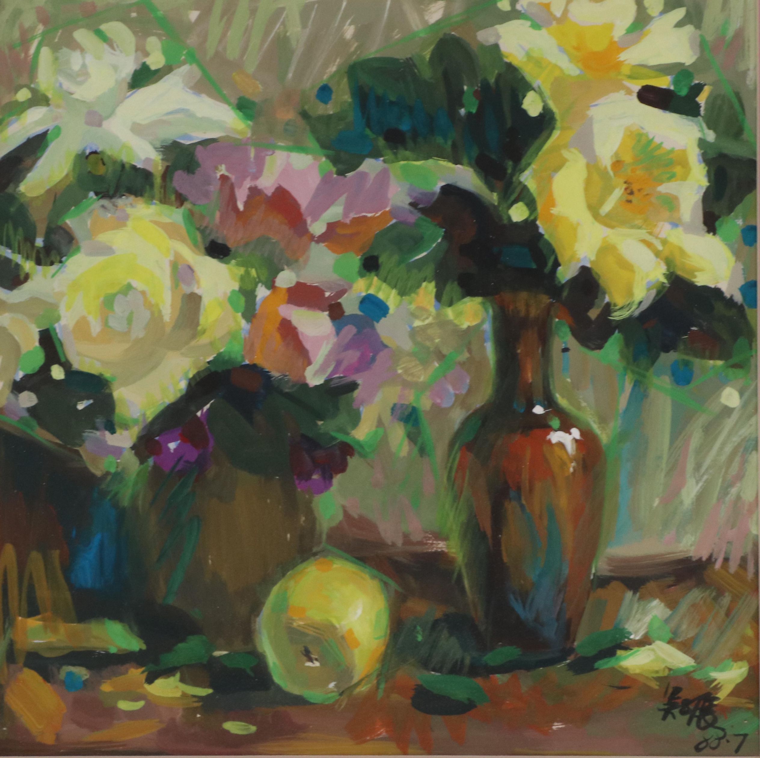 Impressionist Style Gouache Painting of a Still Life with Flowers, 1988
