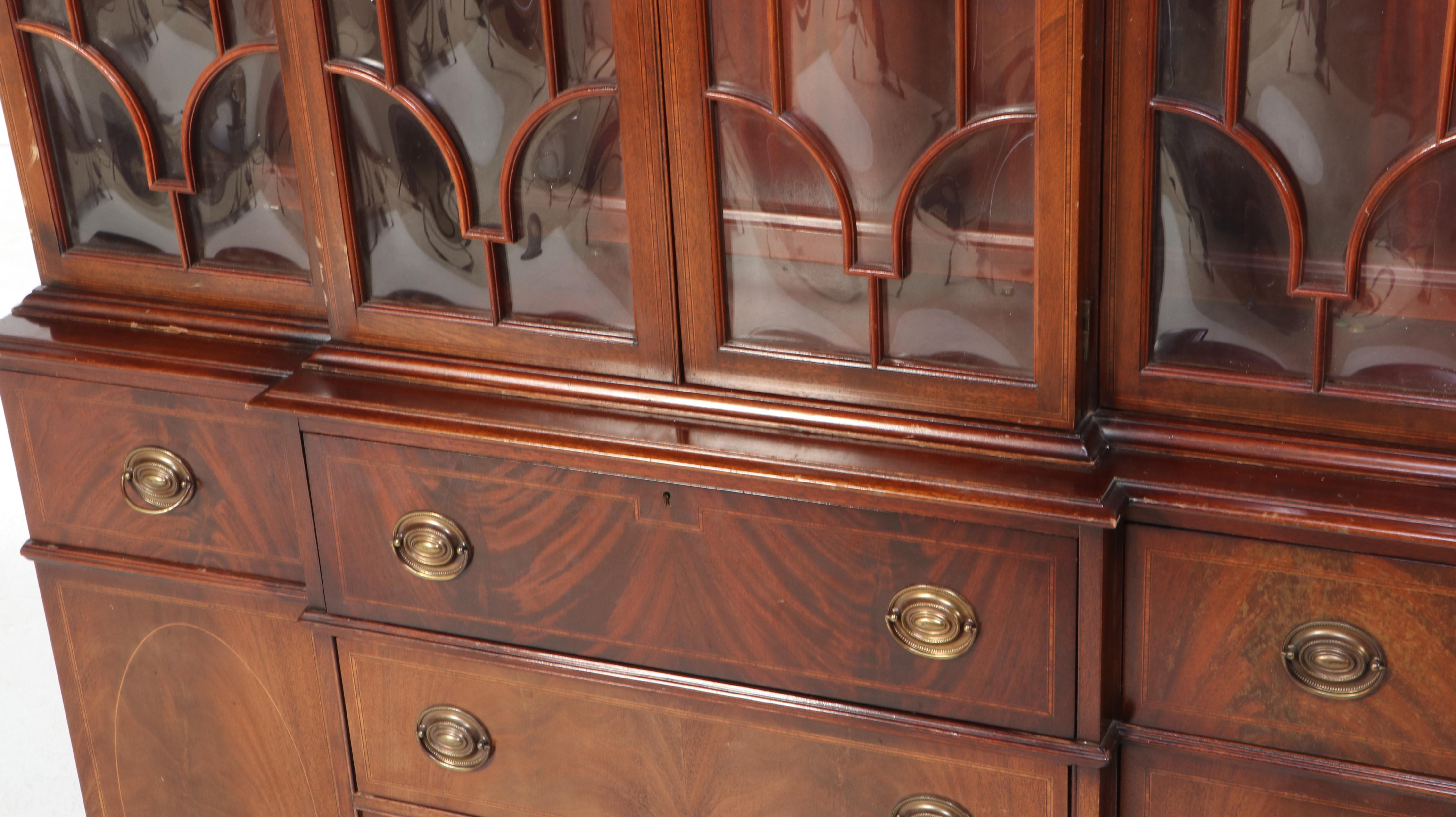 Federal Style Mahogany Breakfront China Cabinet with Secretaire Drawer