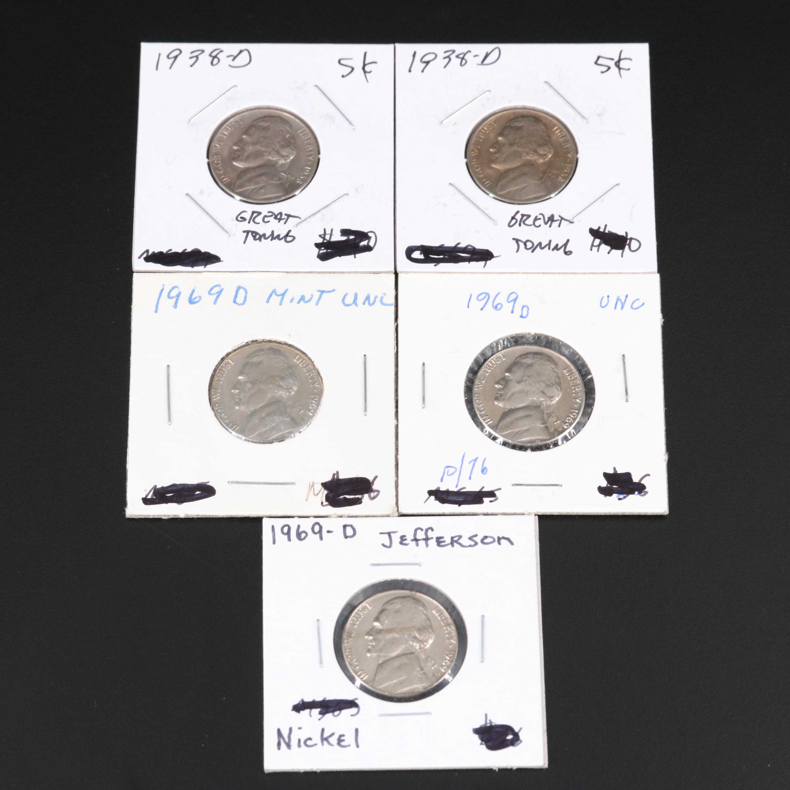 Five Uncirculated Jefferson Nickels