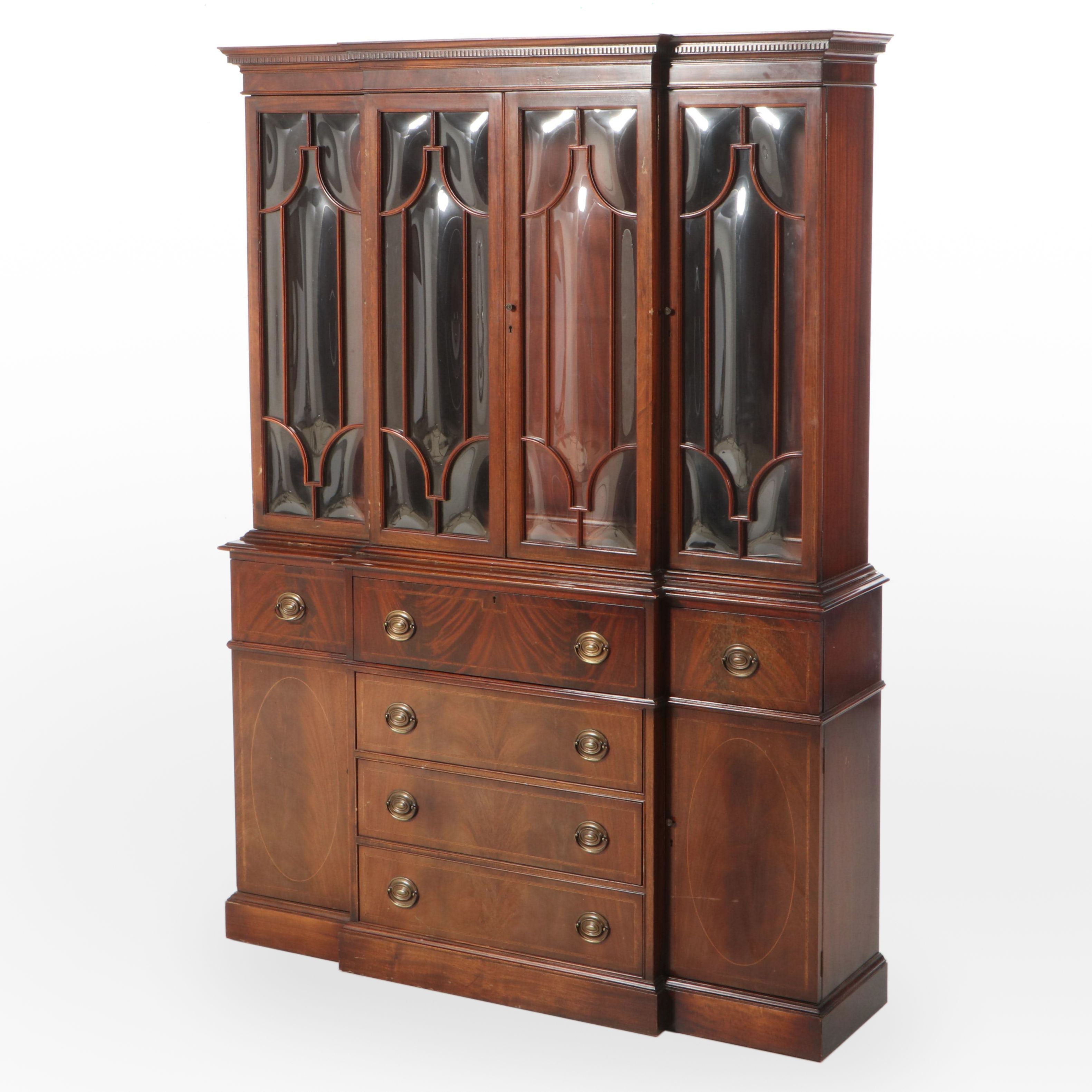 Federal Style Mahogany Breakfront China Cabinet with Secretaire Drawer