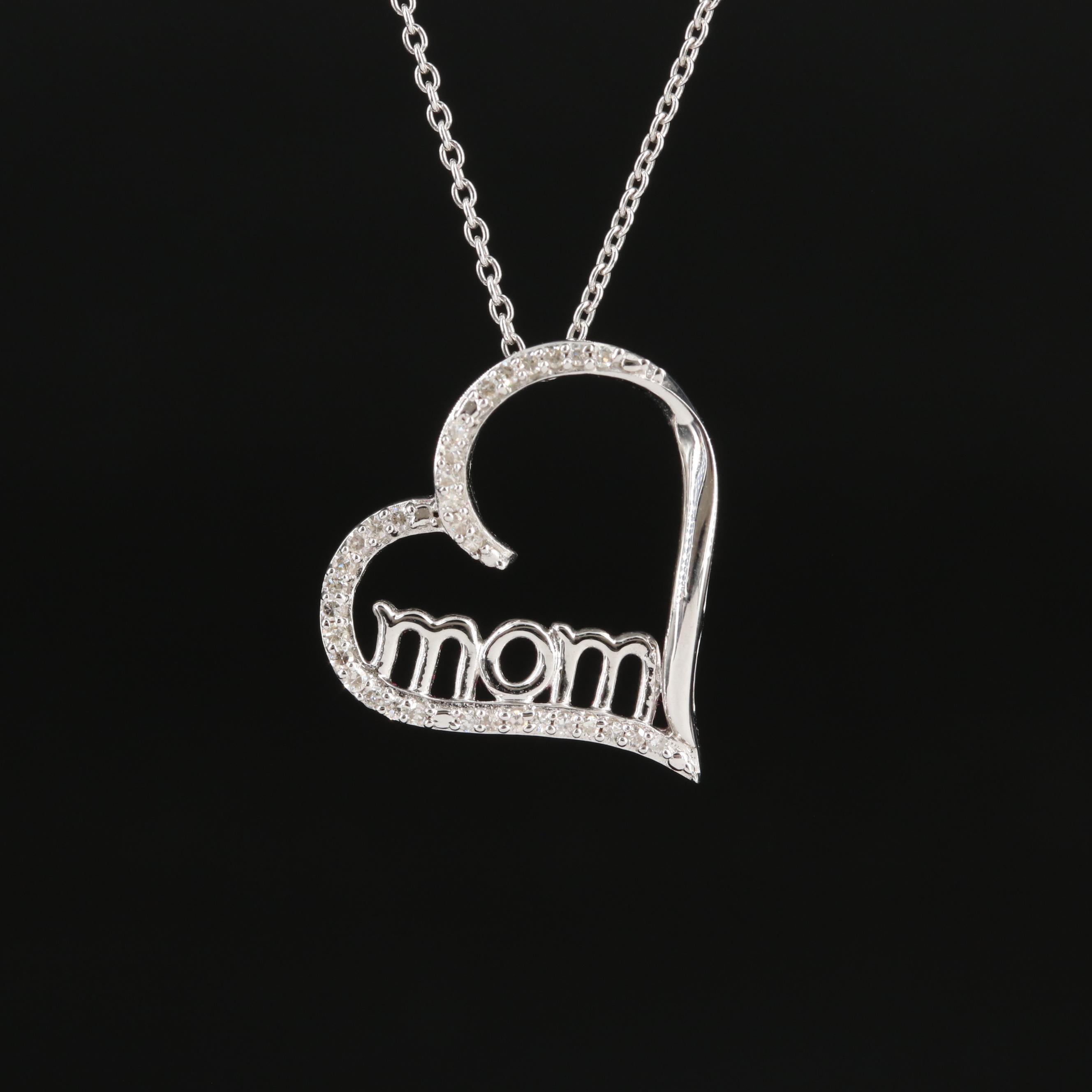 Sterling Diamond Heart "Mom" Pendant Necklace