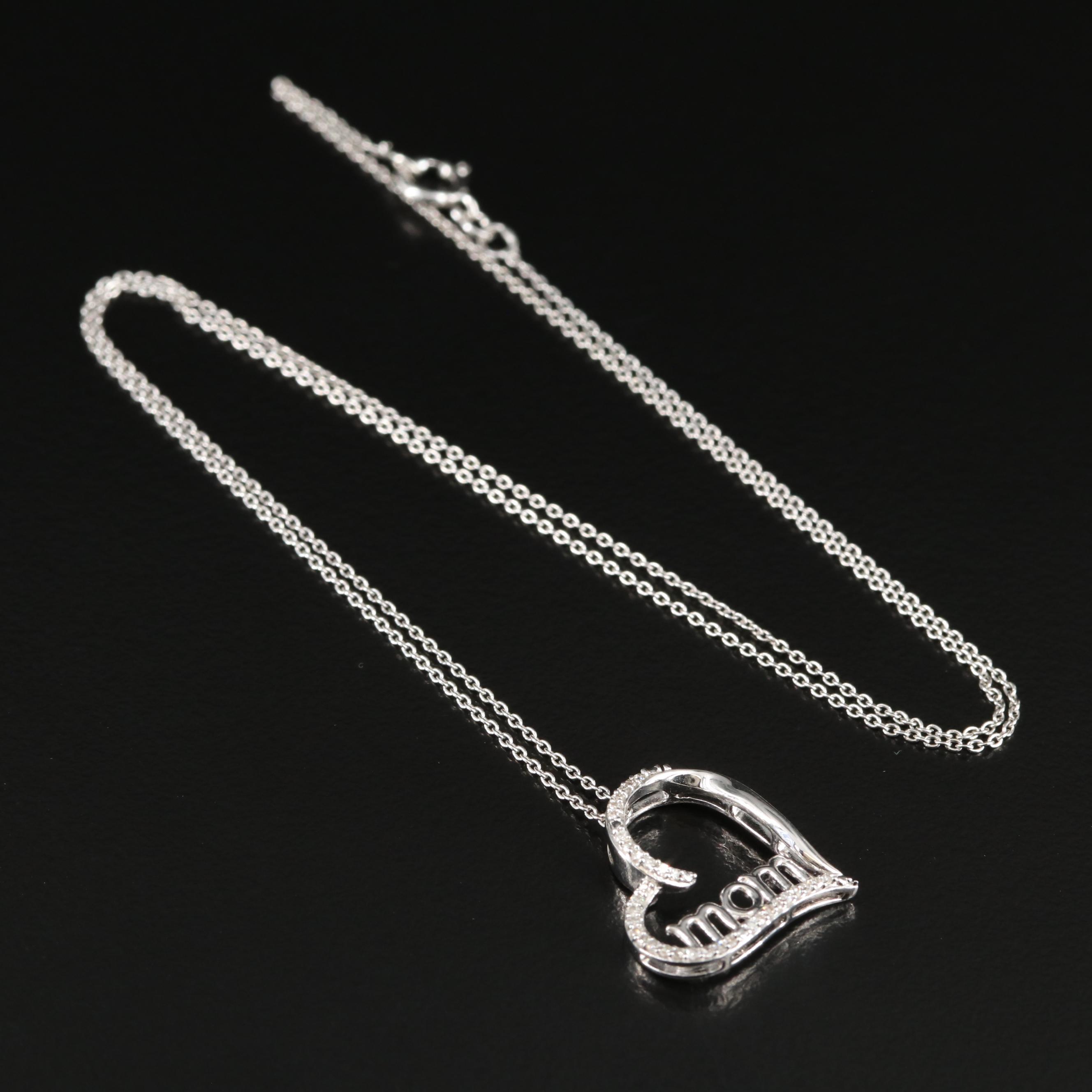 Sterling Diamond Heart "Mom" Pendant Necklace