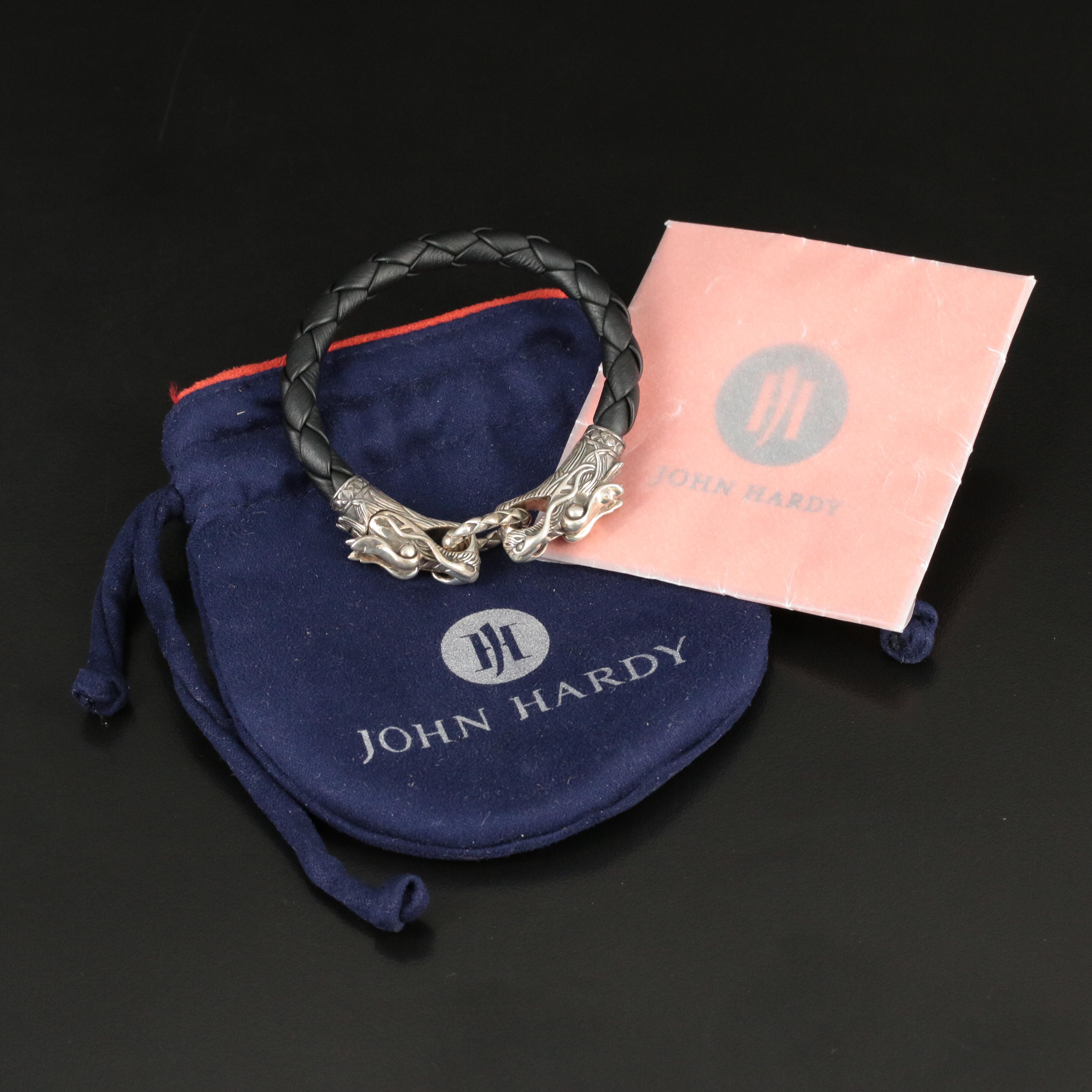 John Hardy 'Legends Naga' Sterling and Leather Double Dragon Head Bracelet
