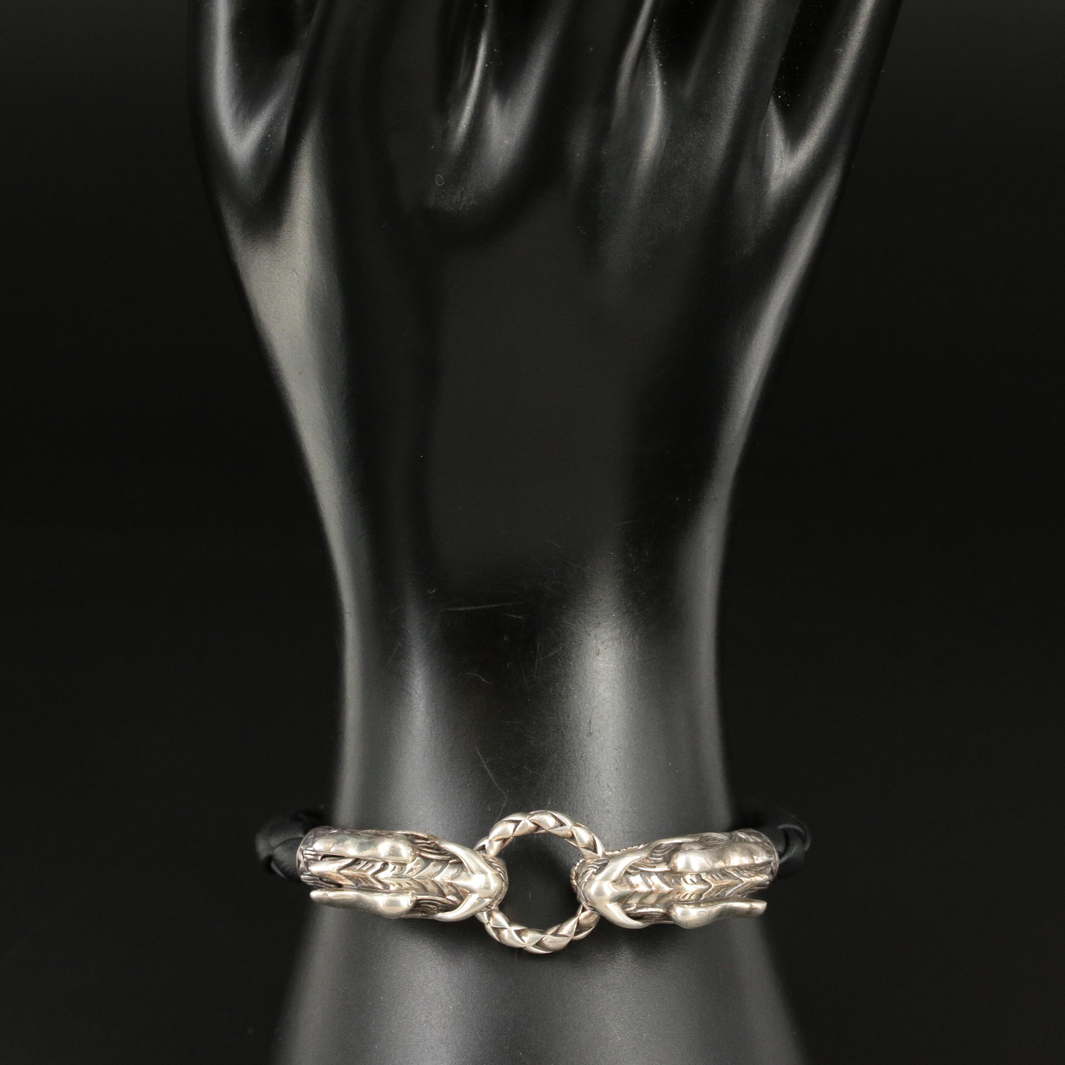 John Hardy 'Legends Naga' Sterling and Leather Double Dragon Head Bracelet