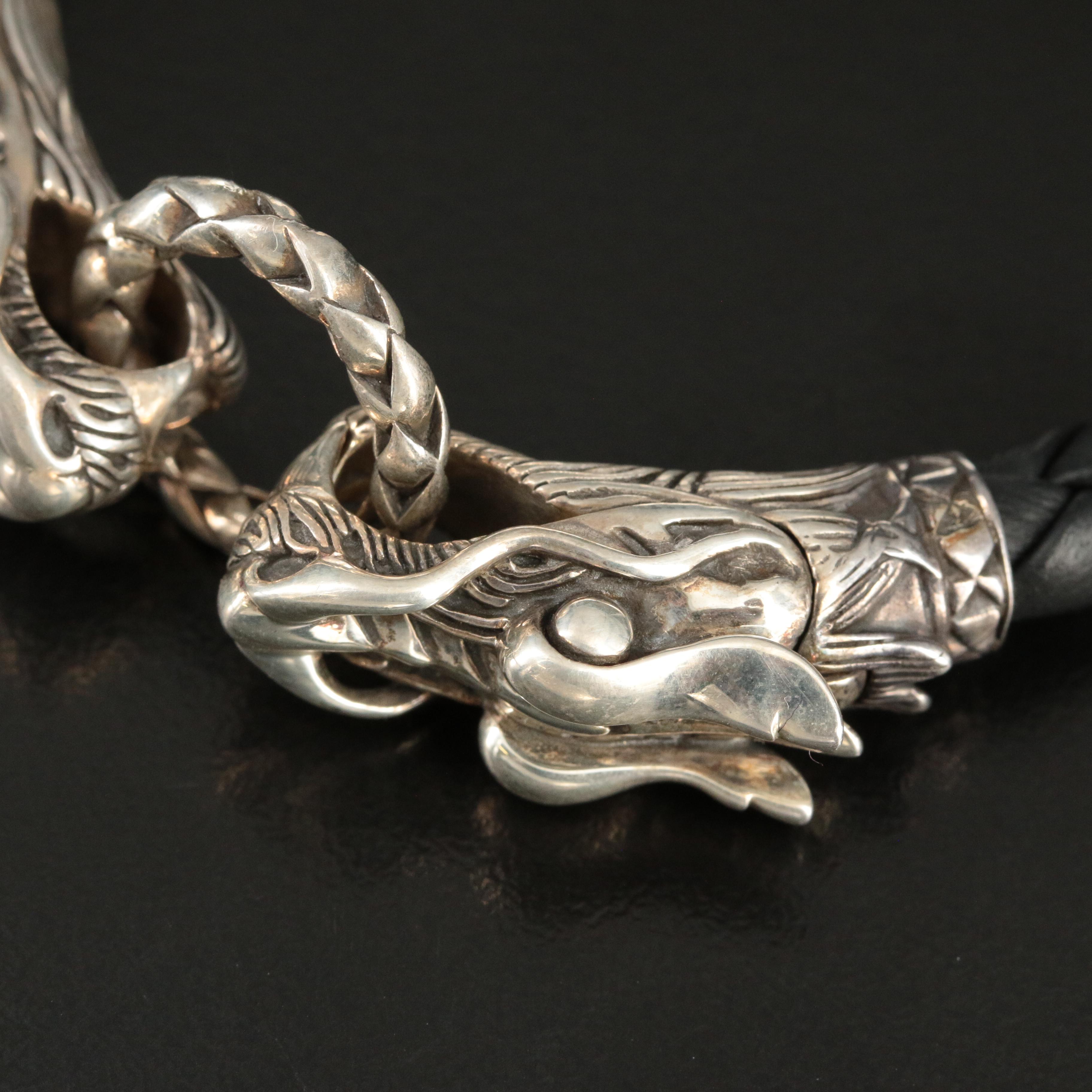 John Hardy 'Legends Naga' Sterling and Leather Double Dragon Head Bracelet