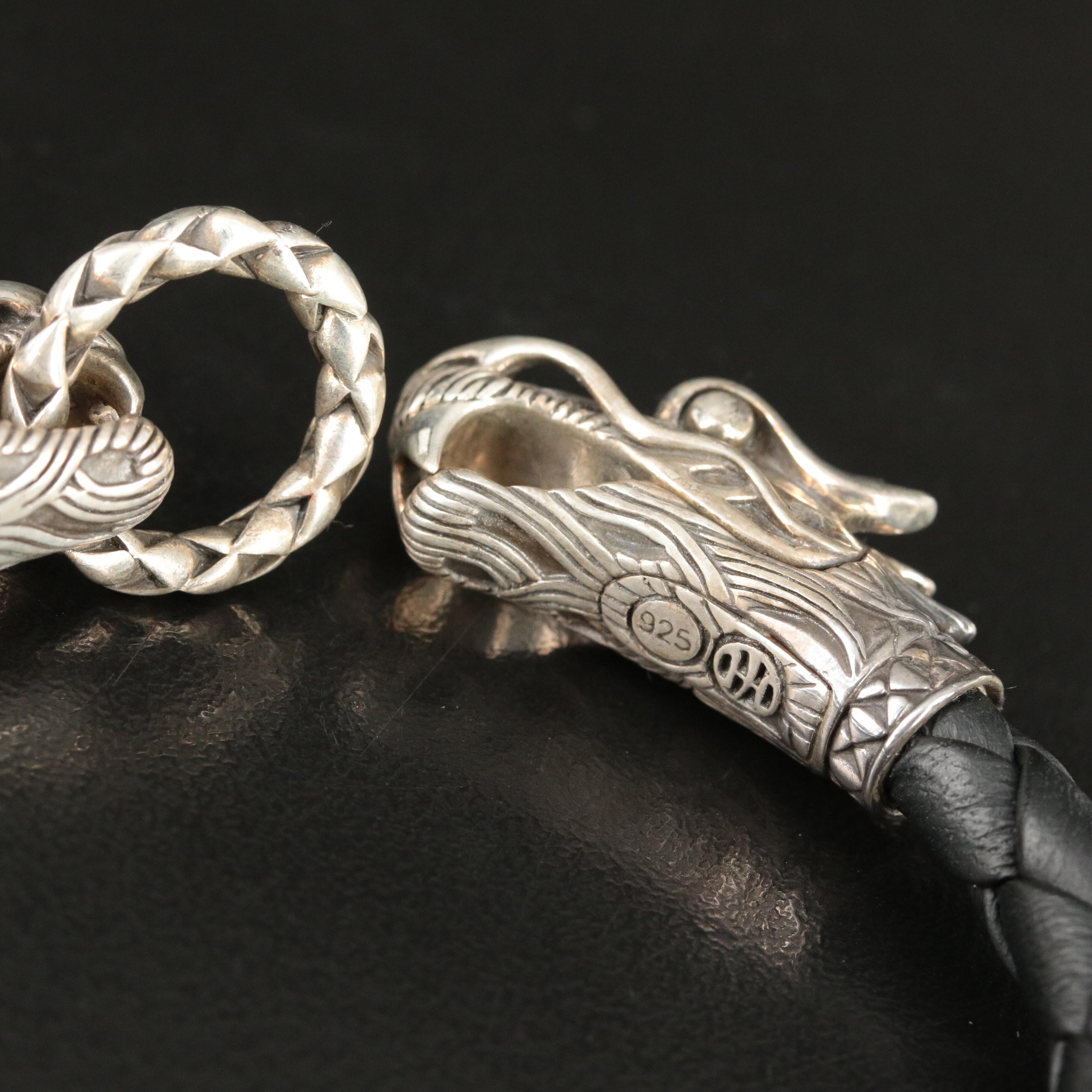 John Hardy 'Legends Naga' Sterling and Leather Double Dragon Head Bracelet