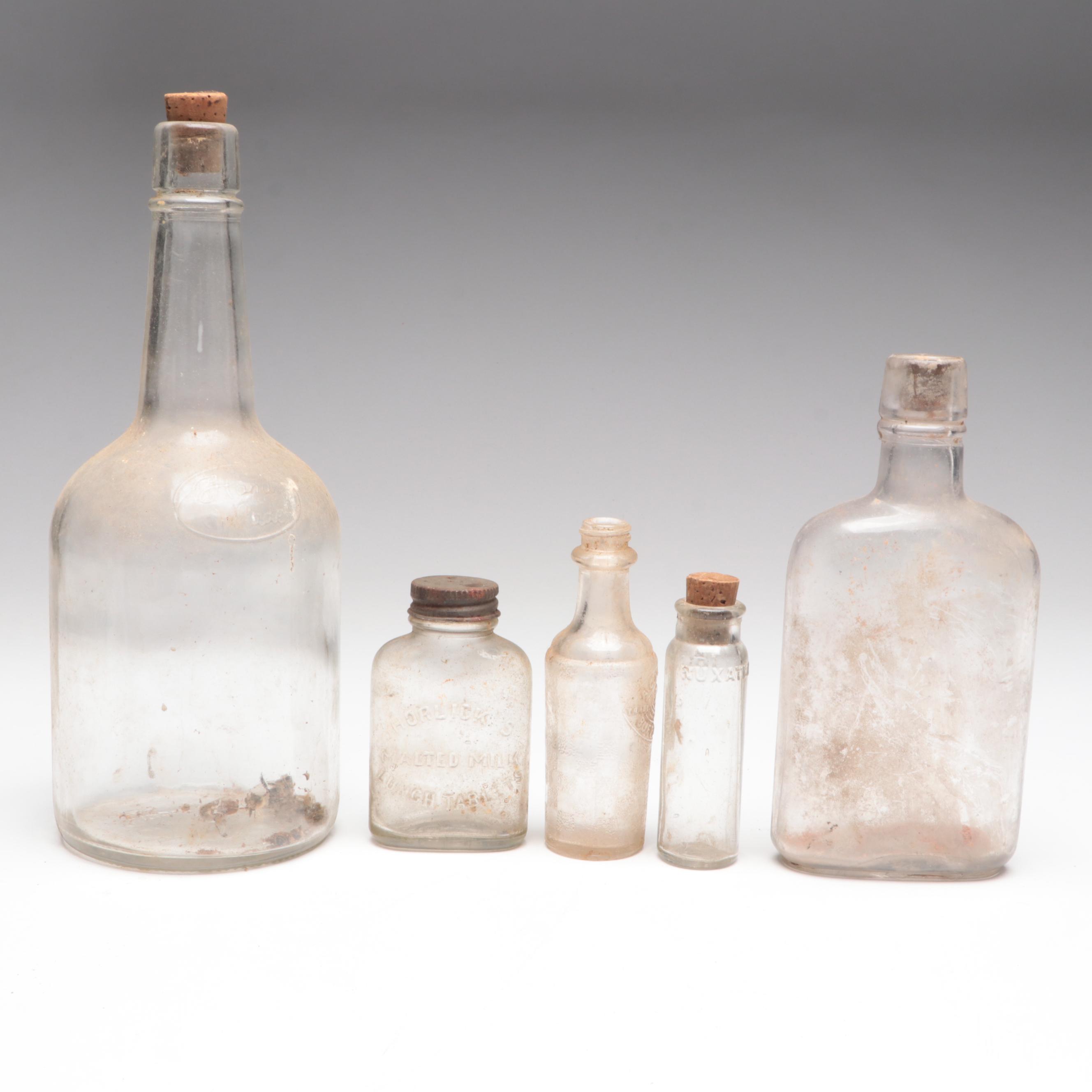 Horlicks Malted Milk Powder and Other Glass Liquor Bottles and Apothecary Jars