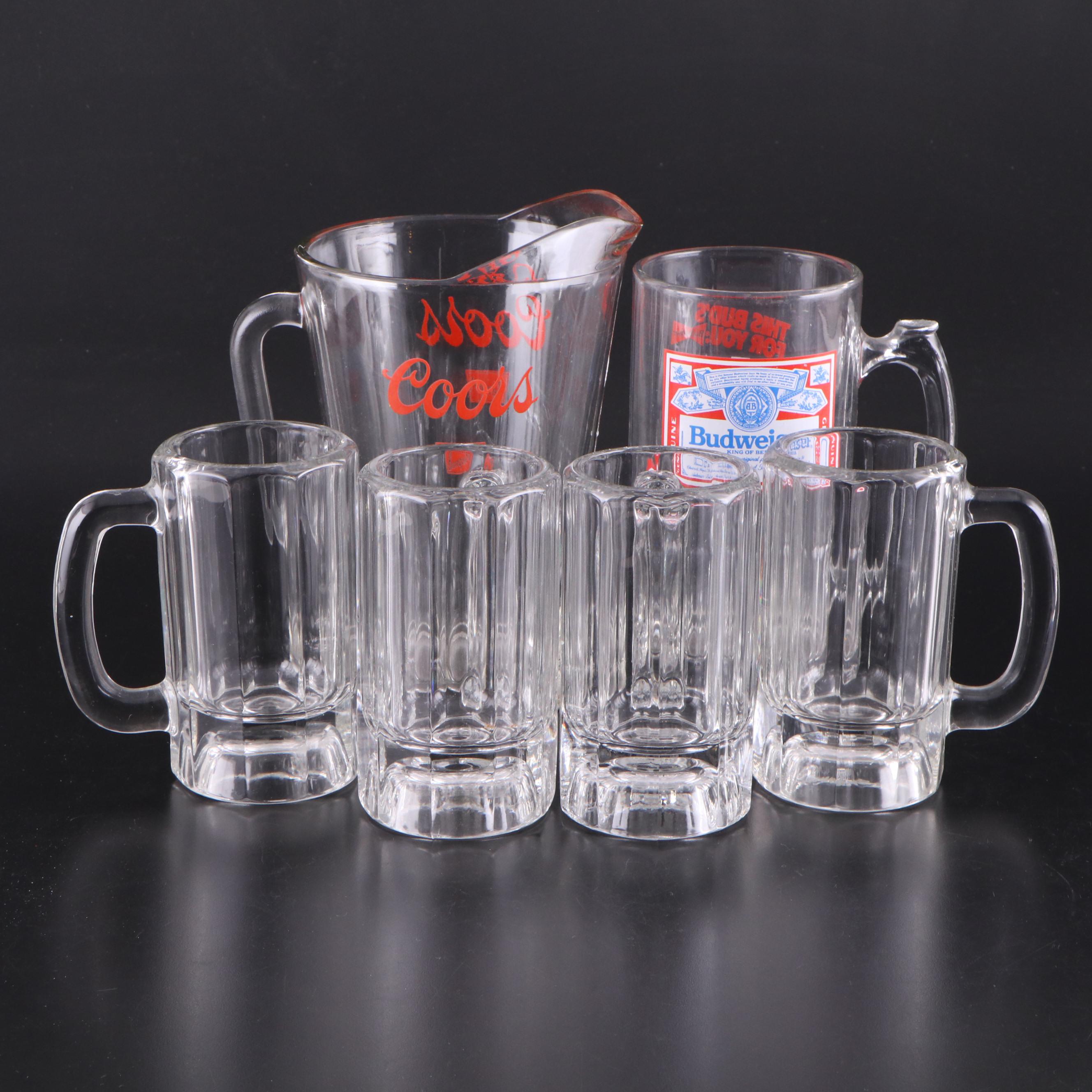 Coors and Budweiser Beer Pitchers with Other Beer Mugs
