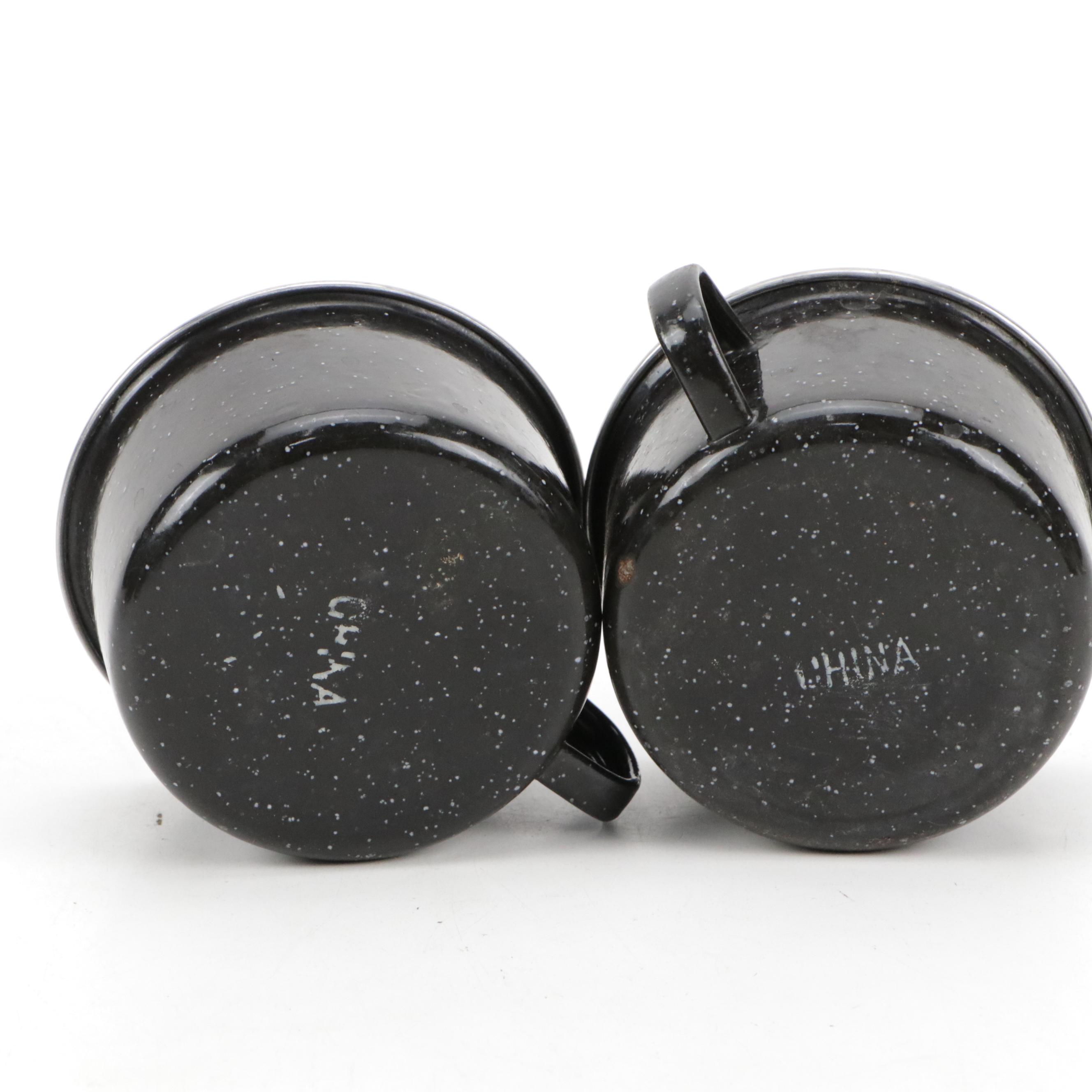 Black Graniteware Camping Cookware with Metal Kettle, Trivets, and Utensils