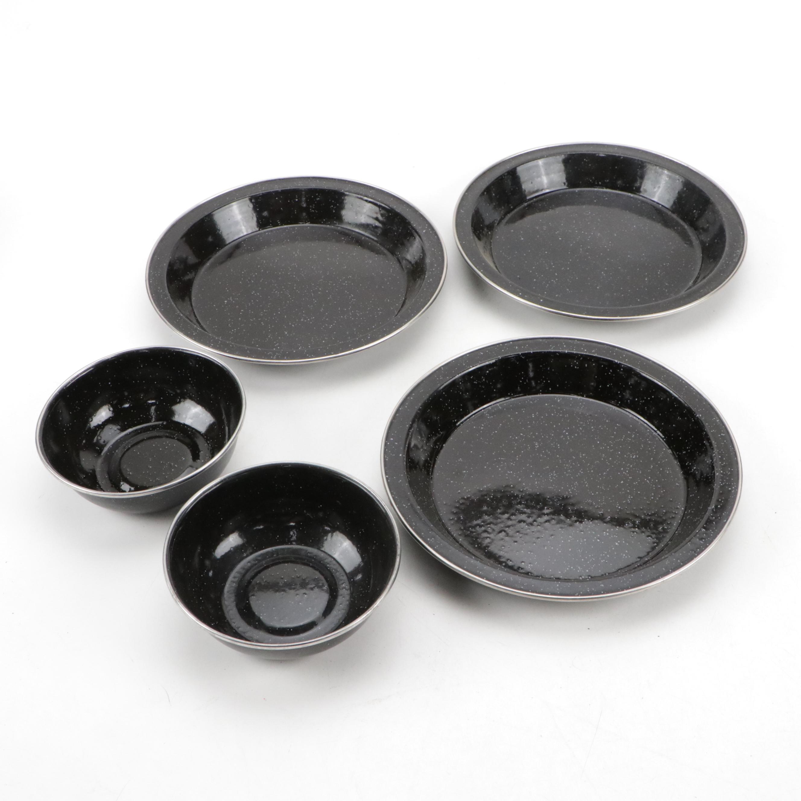 Black Graniteware Camping Cookware with Metal Kettle, Trivets, and Utensils