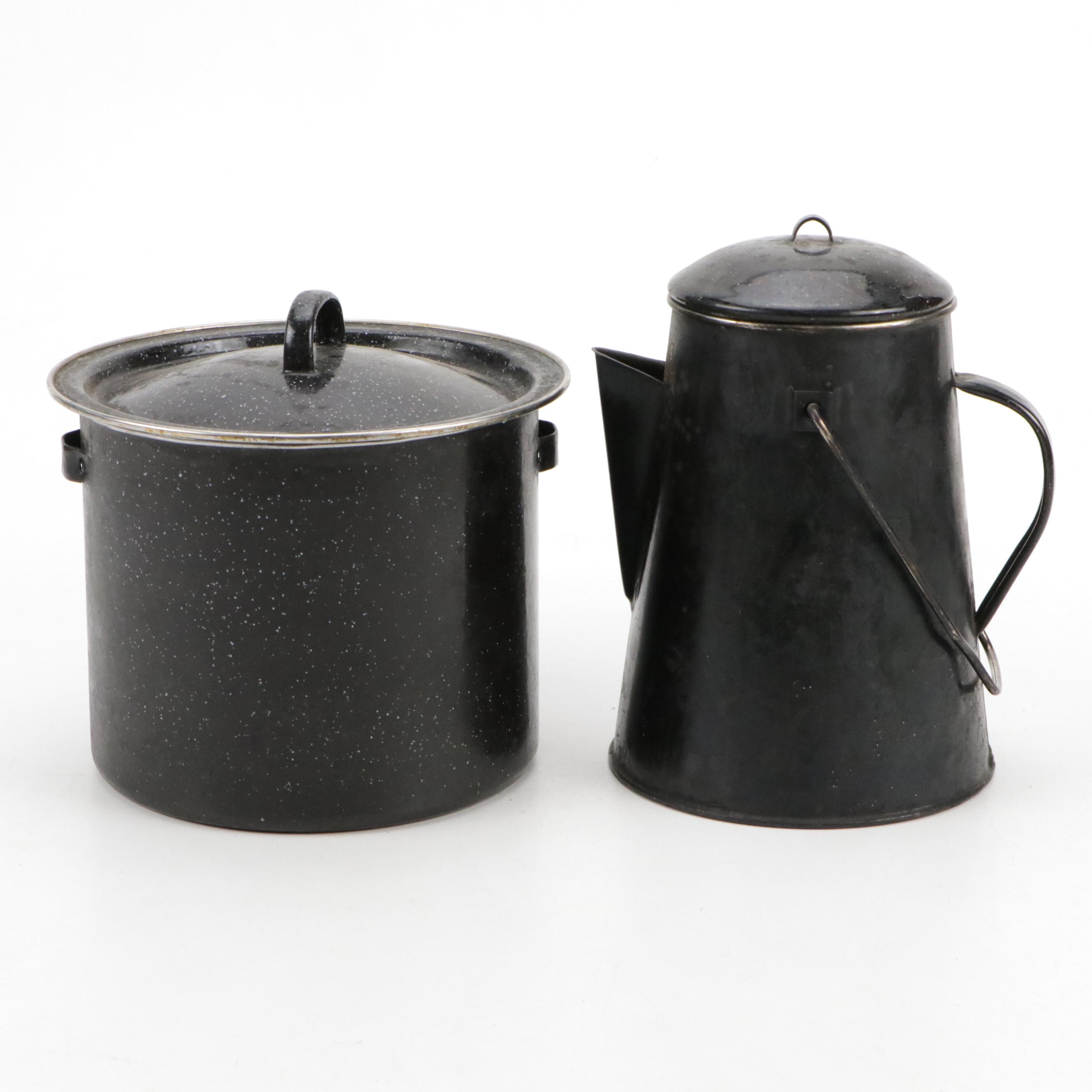 Black Graniteware Camping Cookware with Metal Kettle, Trivets, and Utensils