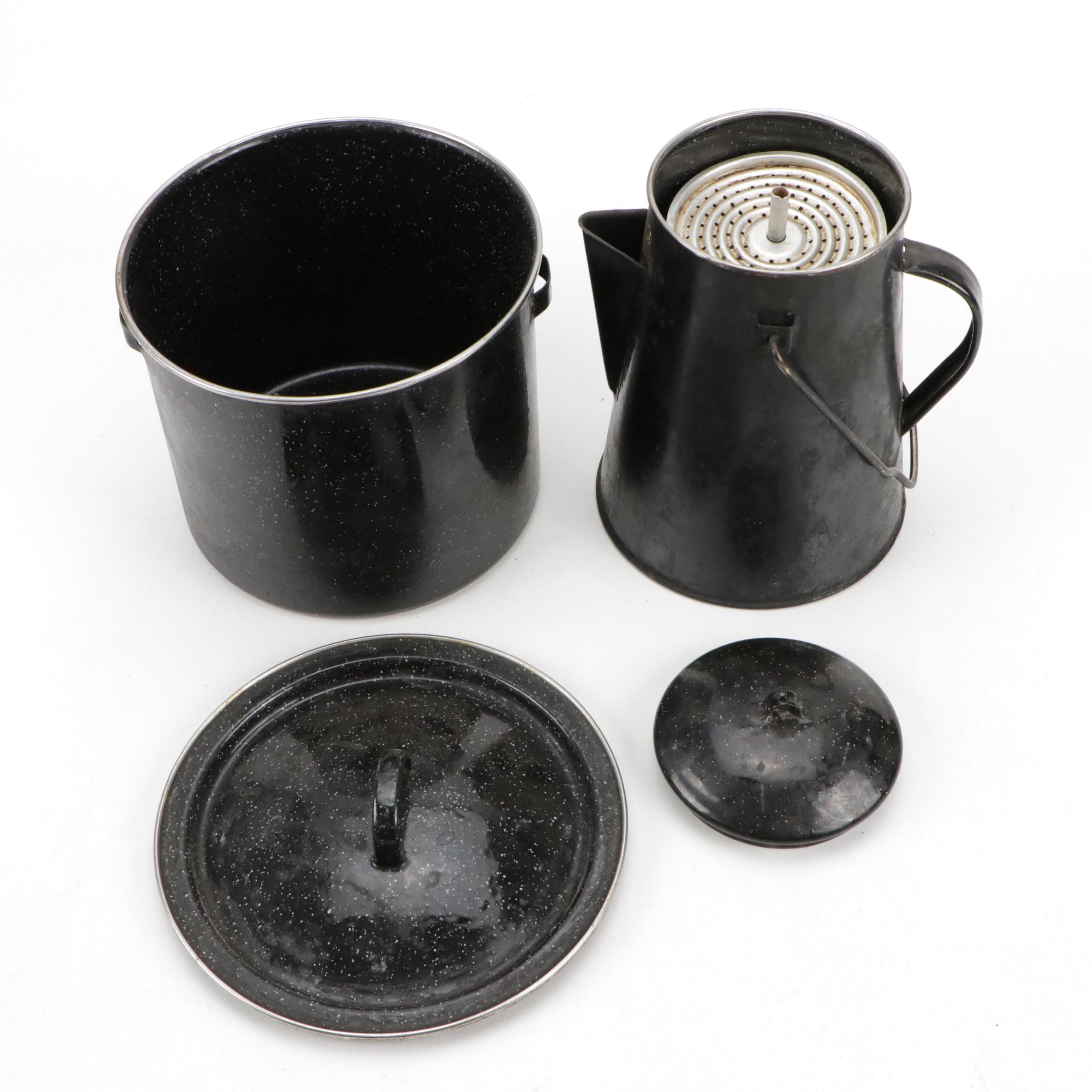 Black Graniteware Camping Cookware with Metal Kettle, Trivets, and Utensils