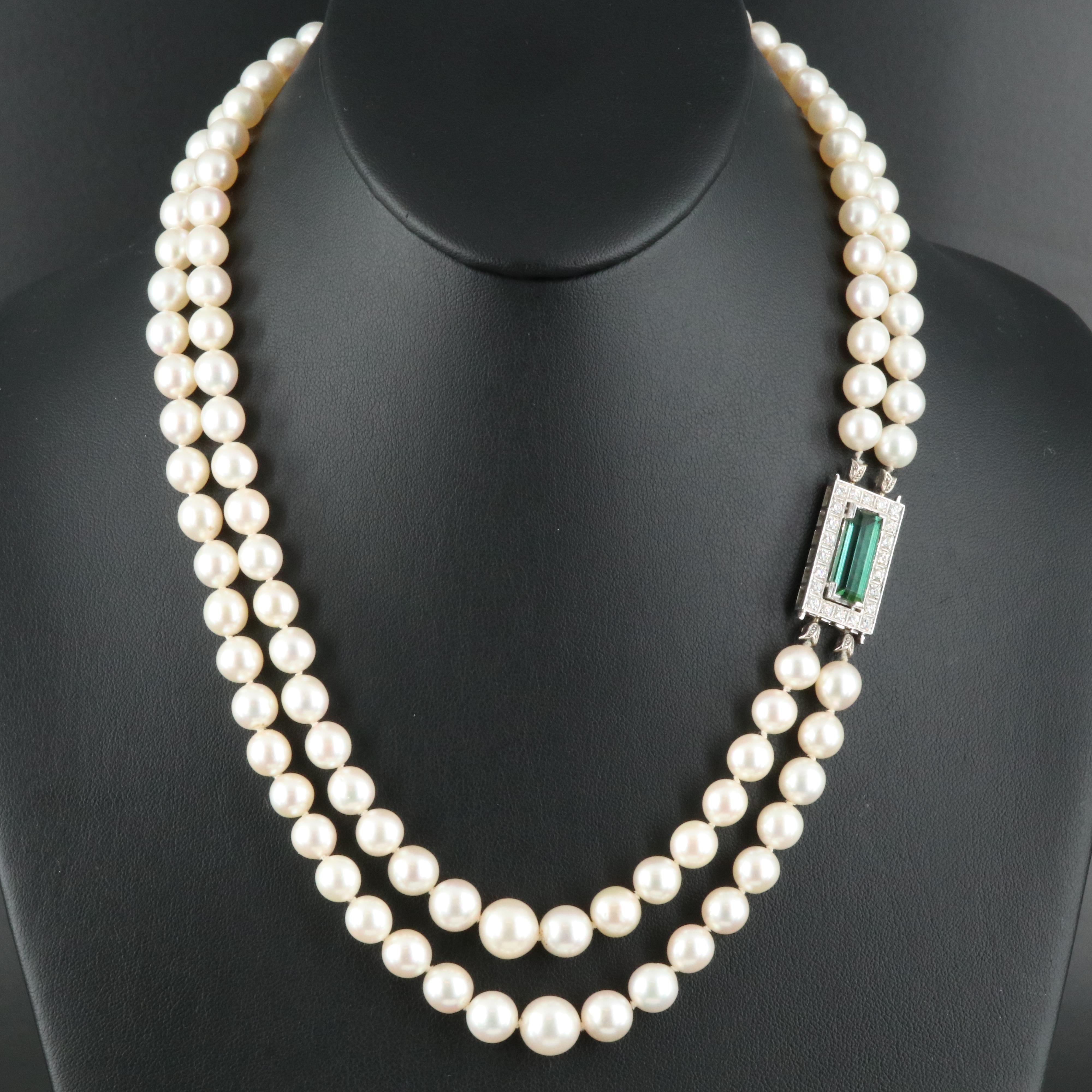 Graduated Two-Strand Pearl Necklace with 14K Tourmaline and Diamond Clasp