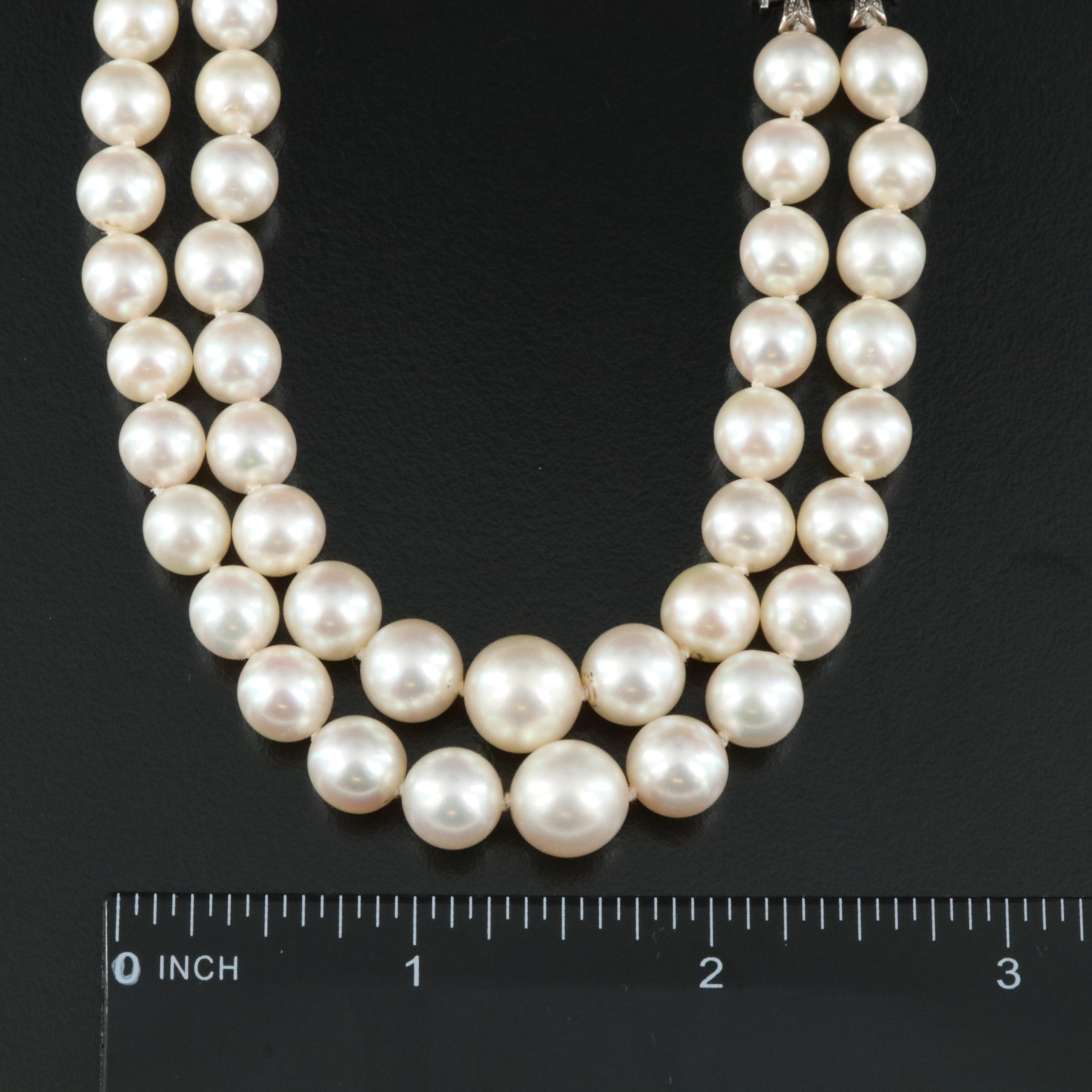 Graduated Two-Strand Pearl Necklace with 14K Tourmaline and Diamond Clasp