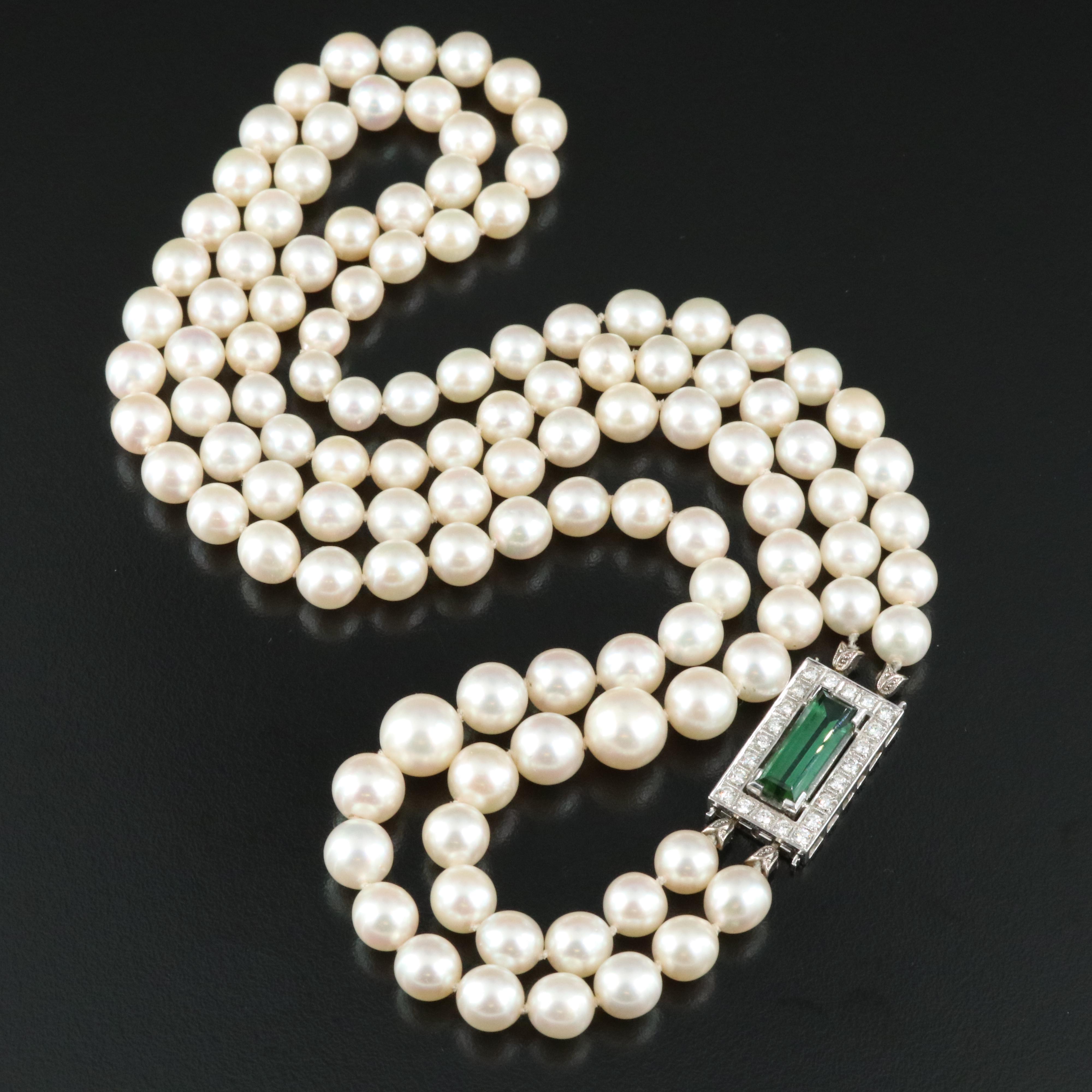 Graduated Two-Strand Pearl Necklace with 14K Tourmaline and Diamond Clasp