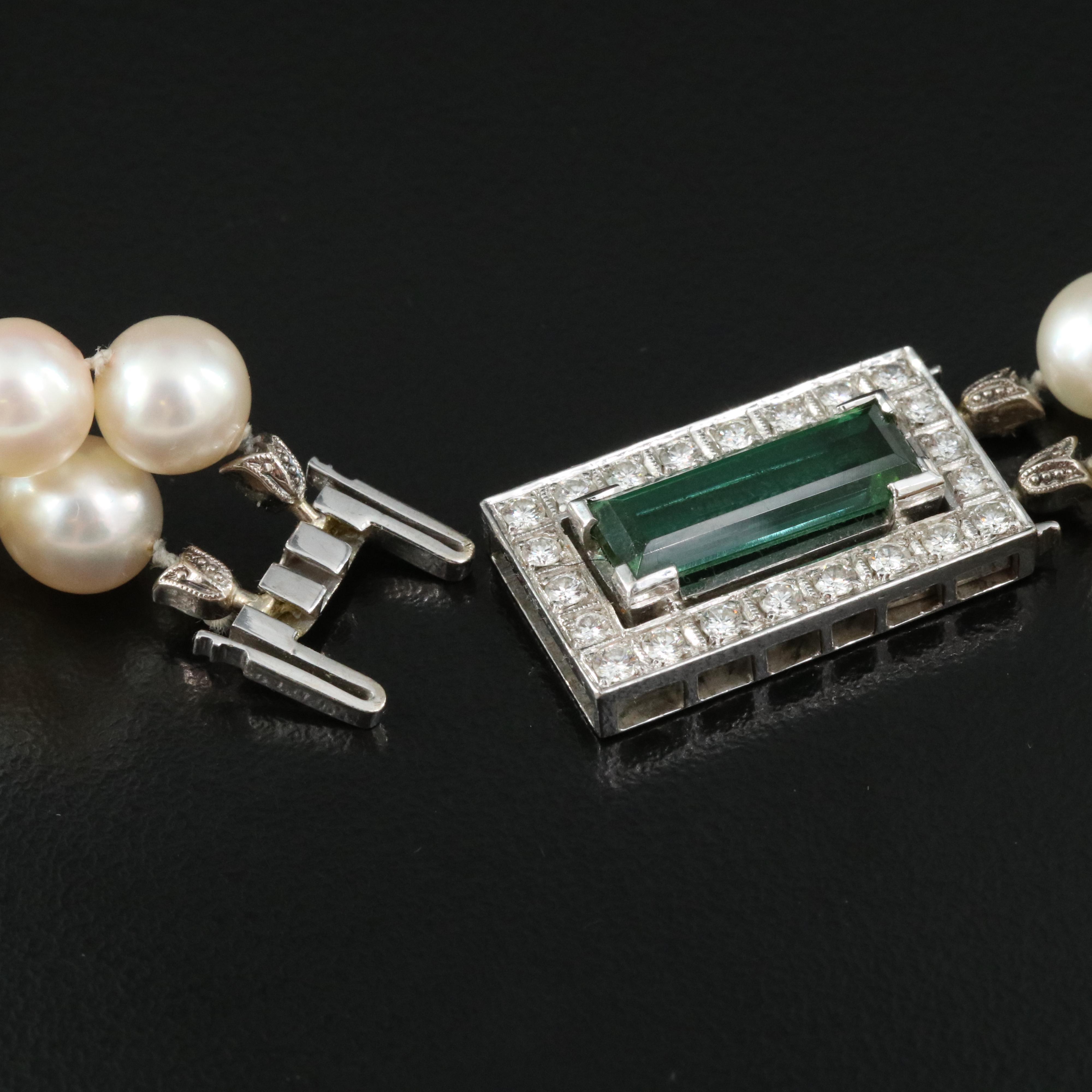 Graduated Two-Strand Pearl Necklace with 14K Tourmaline and Diamond Clasp