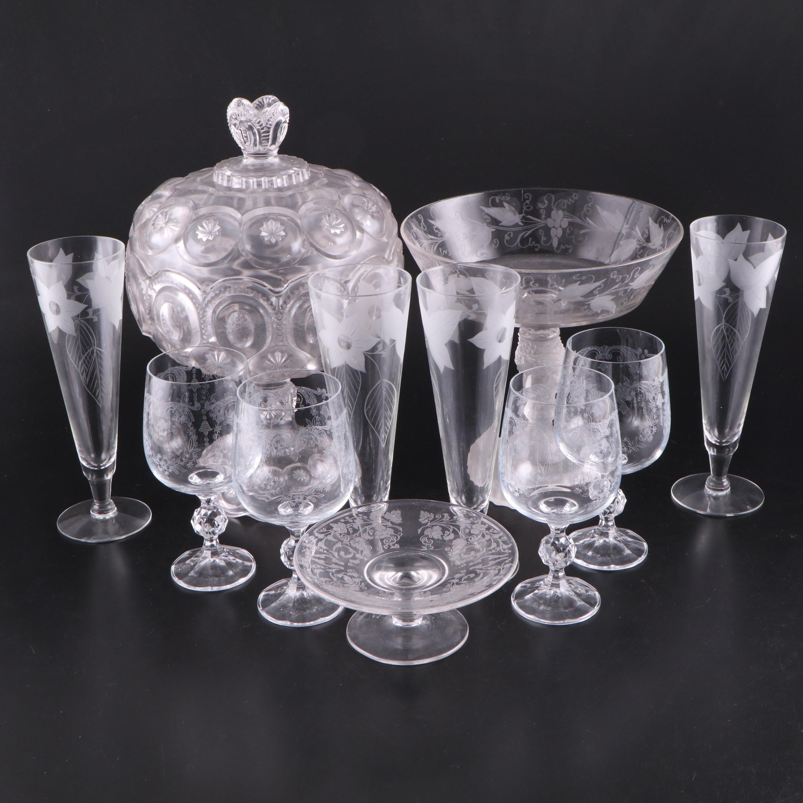 Duncan & Miller "Three Faces" Compote with Other Glass Stemware and Compotes