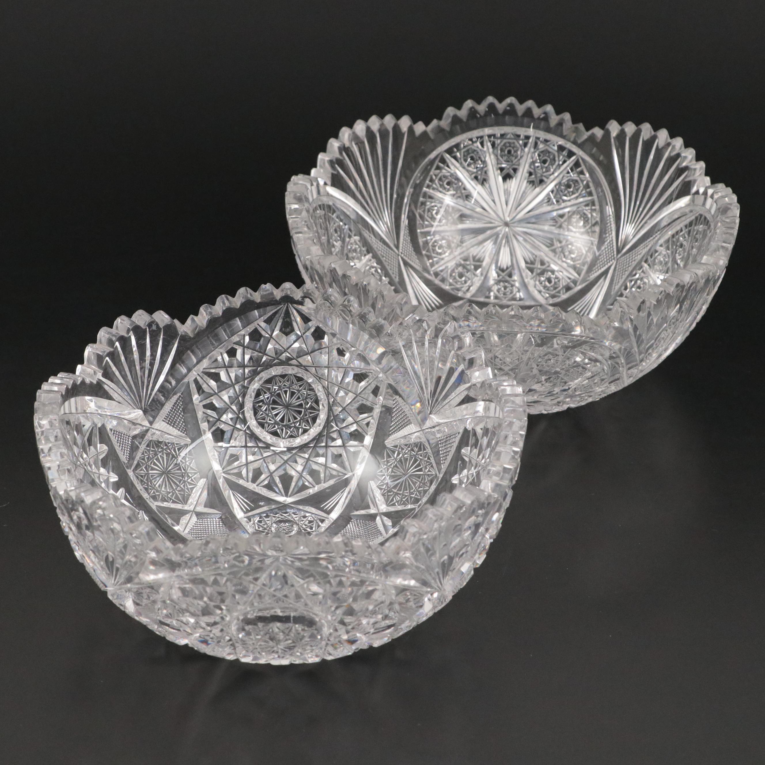 Scalloped Cut Crystal Bowls with Wheel and Star Motifs