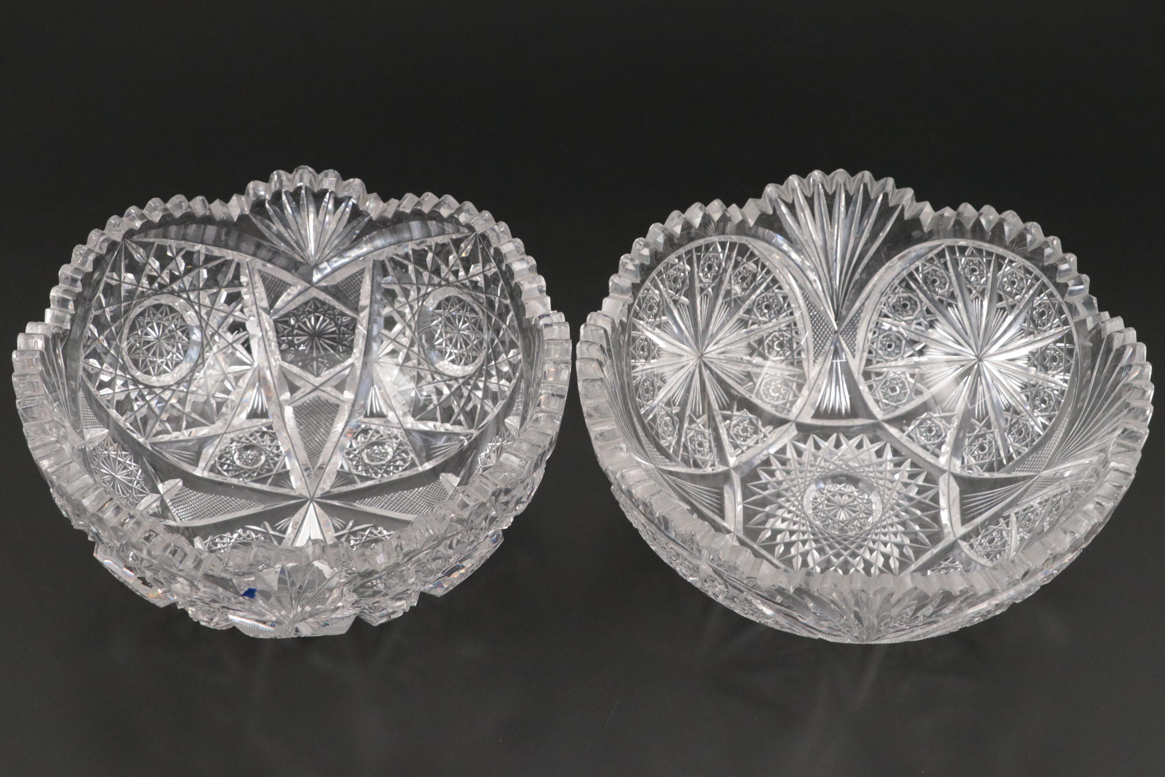 Scalloped Cut Crystal Bowls with Wheel and Star Motifs