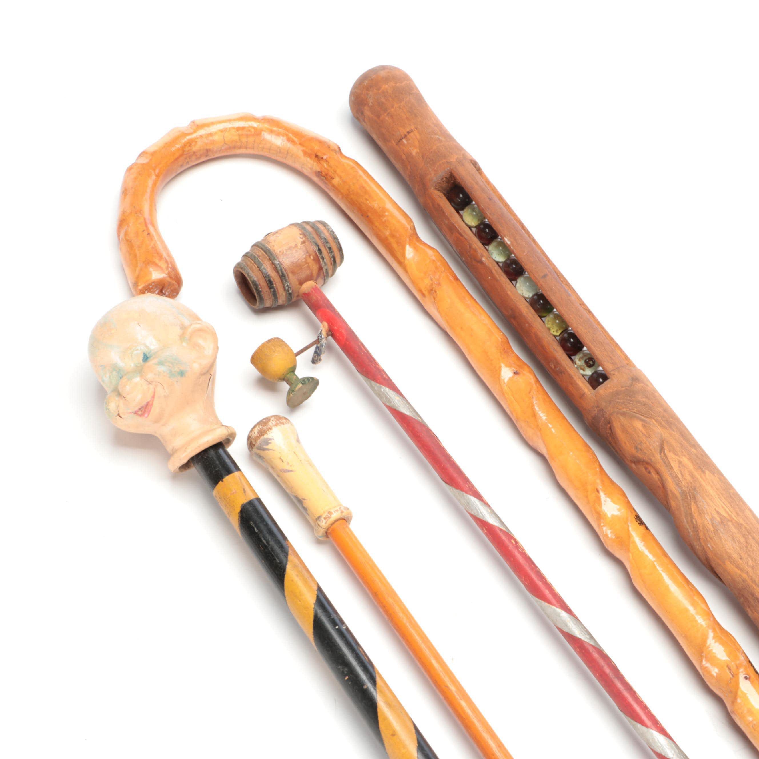 Spiral Vine Cane With Carnival Fair Novelty and Carved Walking Sticks