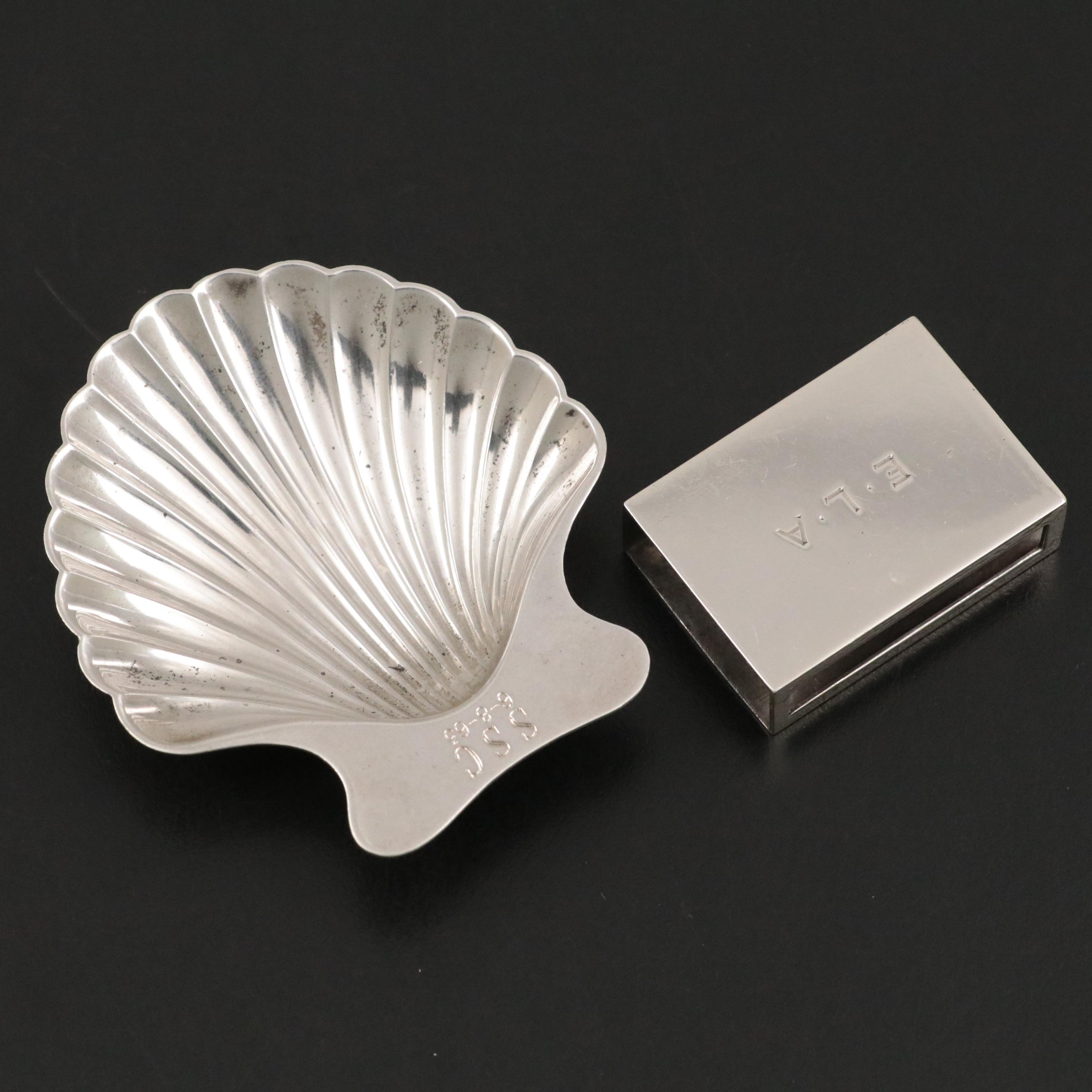 Tiffany & Co. Sterling Shell Nut Bowl with Matchbox Holder, Mid-20th Century