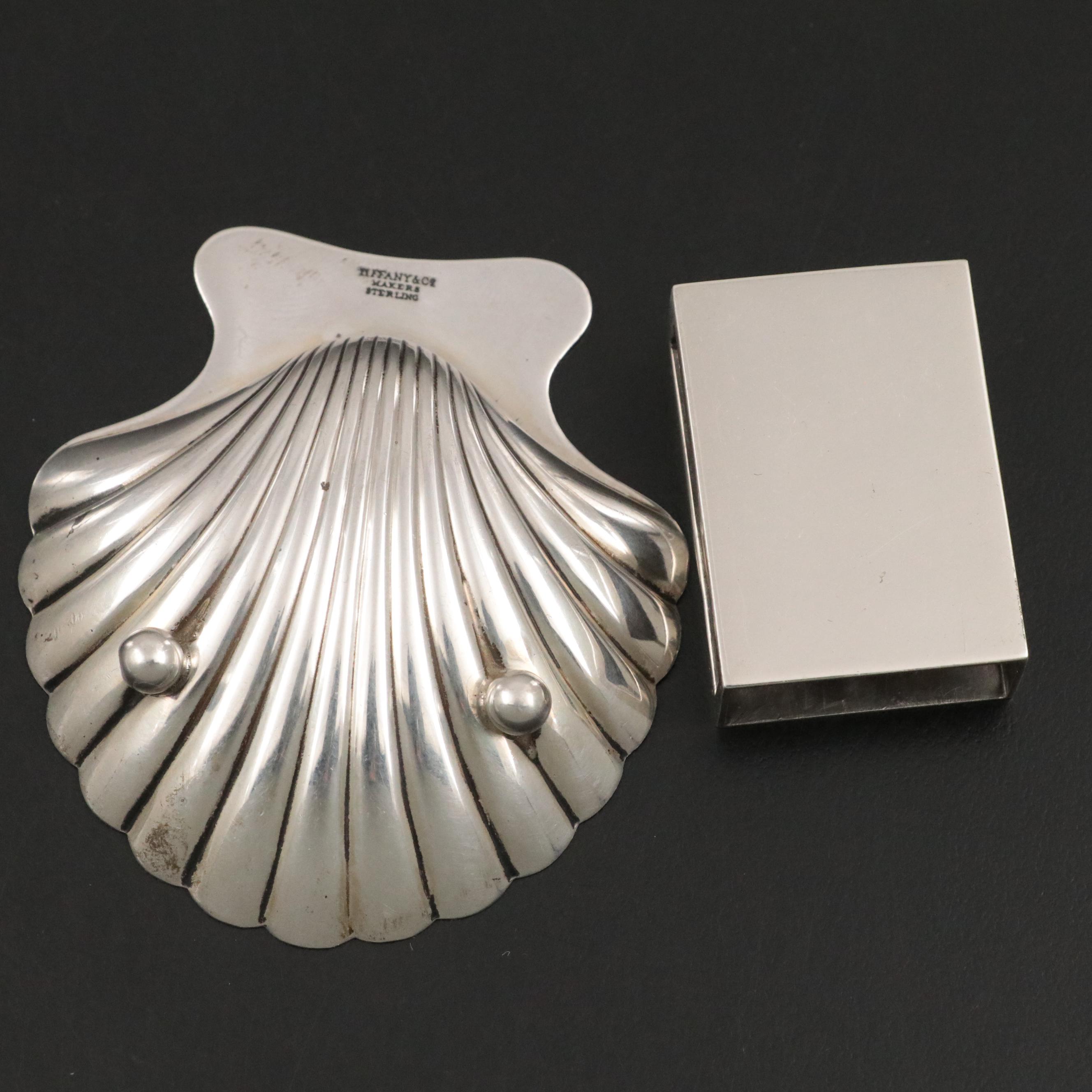 Tiffany & Co. Sterling Shell Nut Bowl with Matchbox Holder, Mid-20th Century