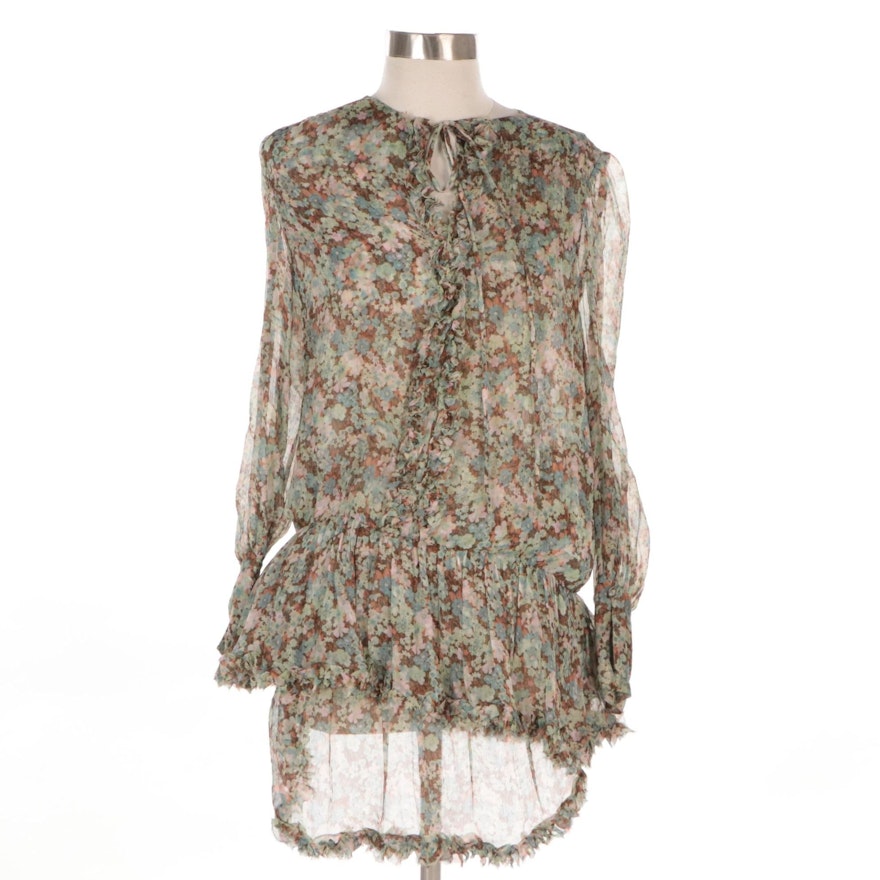 Stella McCartney Floral Print Crinkled Silk Long-Sleeve Ruffle Mini Dress