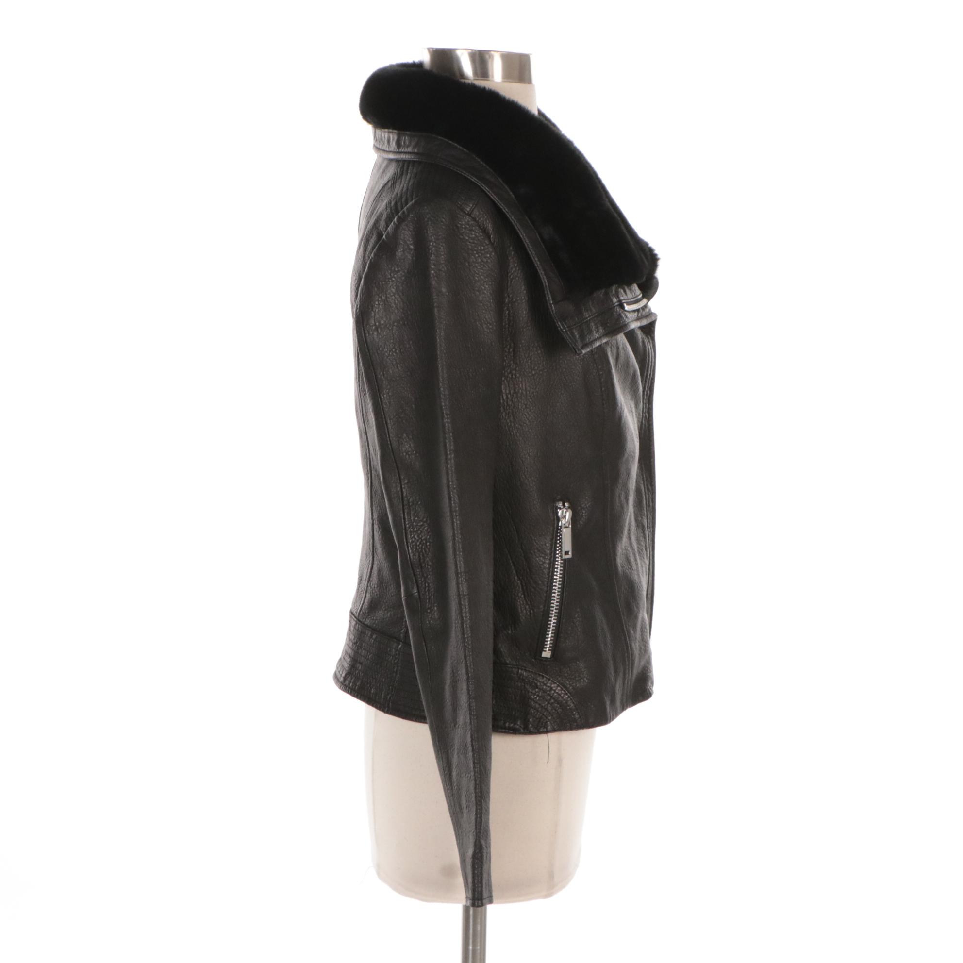Wilsons Black Grained Leather Moto Jacket with Faux Fur Lined Collar