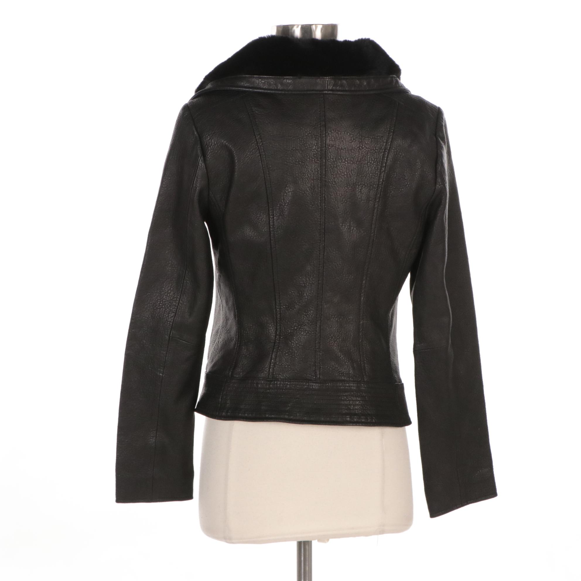 Wilsons Black Grained Leather Moto Jacket with Faux Fur Lined Collar