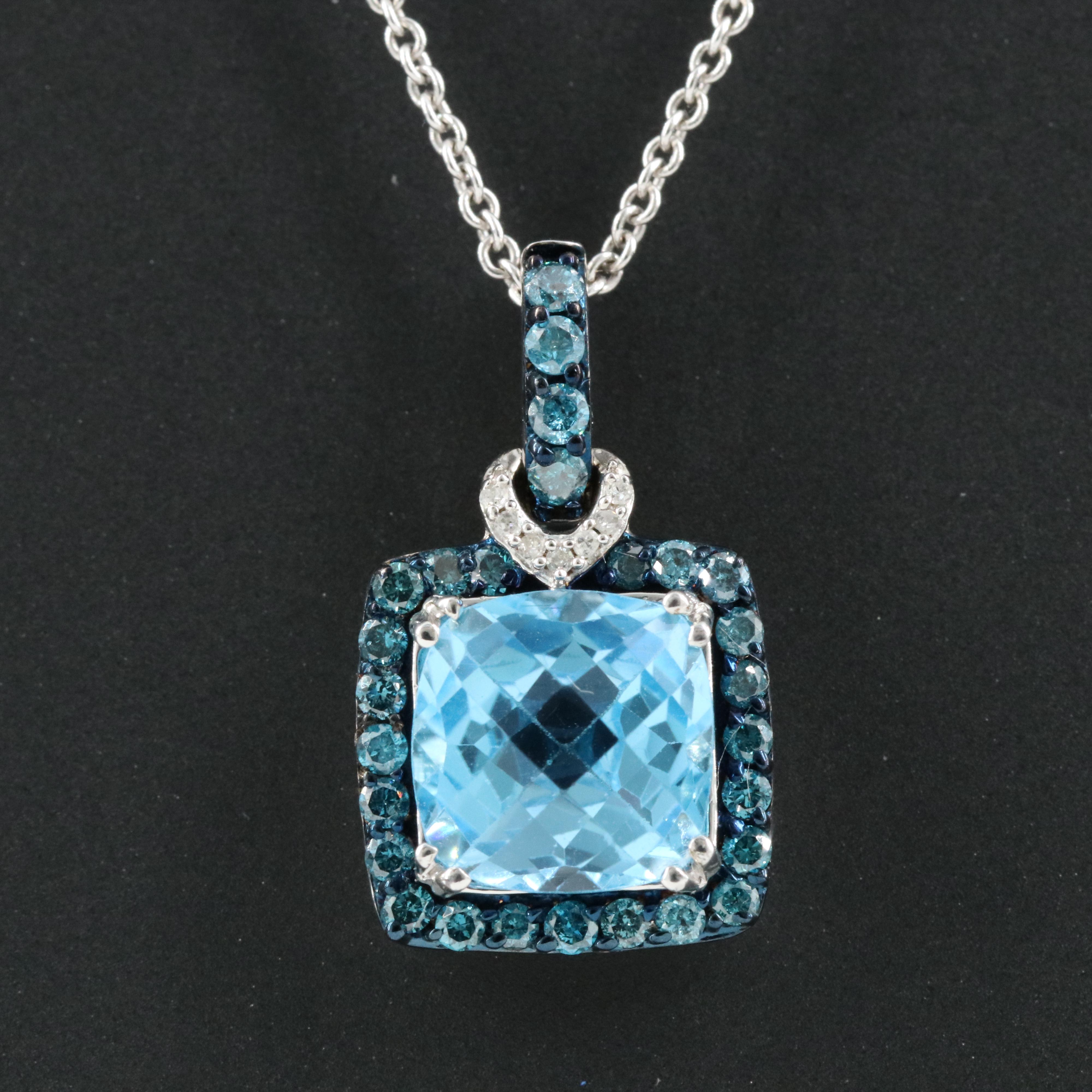 Sterling Topaz and Diamond Necklace with Lab Grown Blue Diamonds