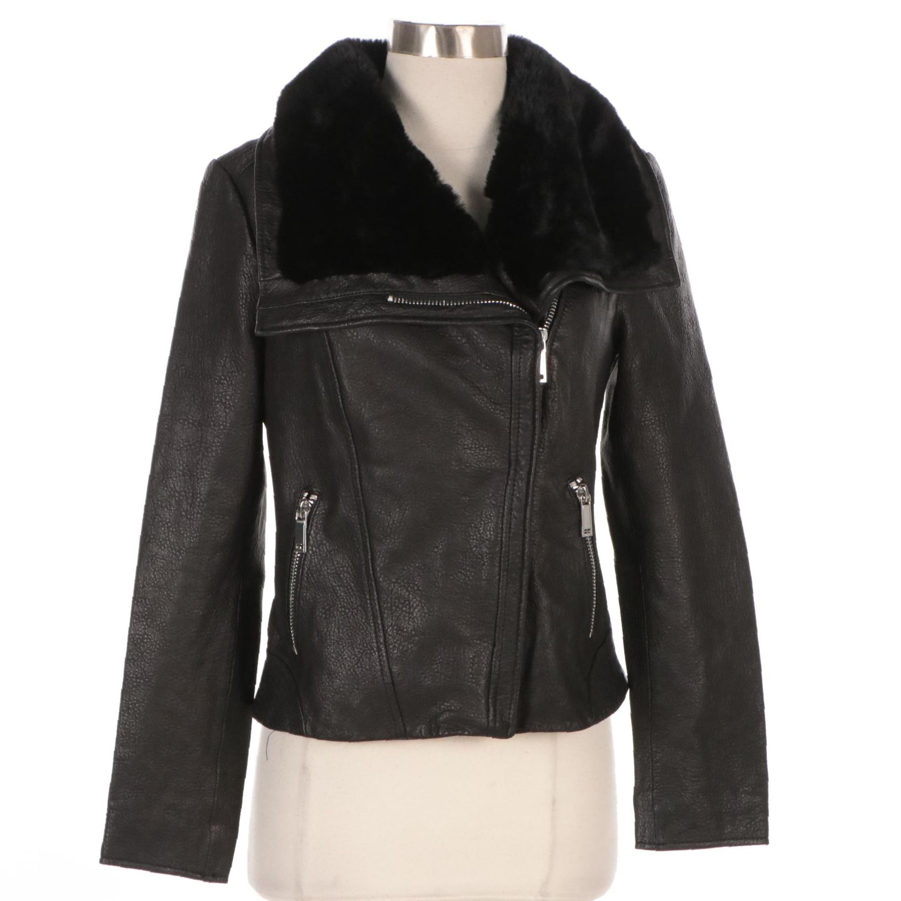 Wilsons Black Grained Leather Moto Jacket with Faux Fur Lined Collar