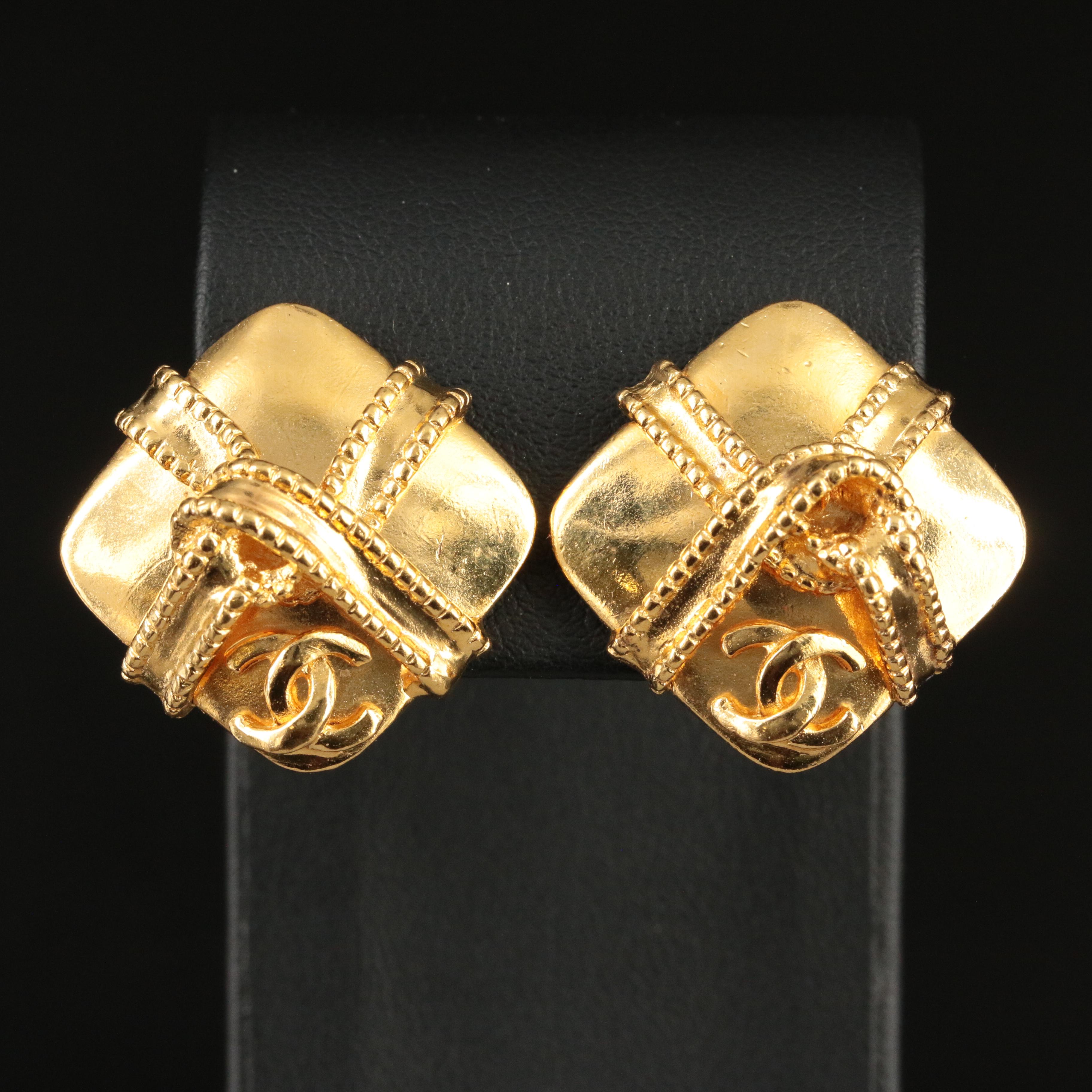 Chanel Logo Square Ribbon Wrapped Clip Earrings