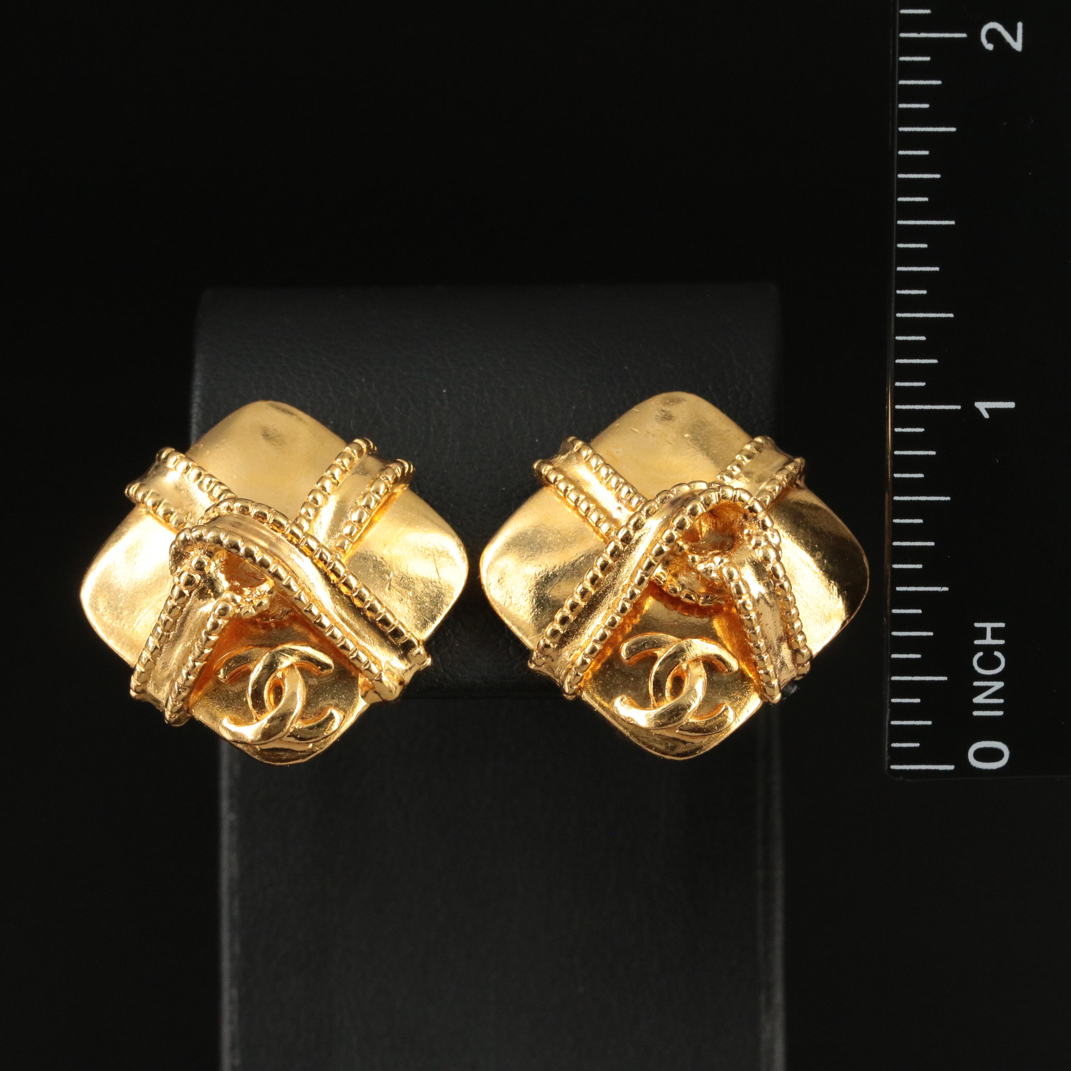 Chanel Logo Square Ribbon Wrapped Clip Earrings