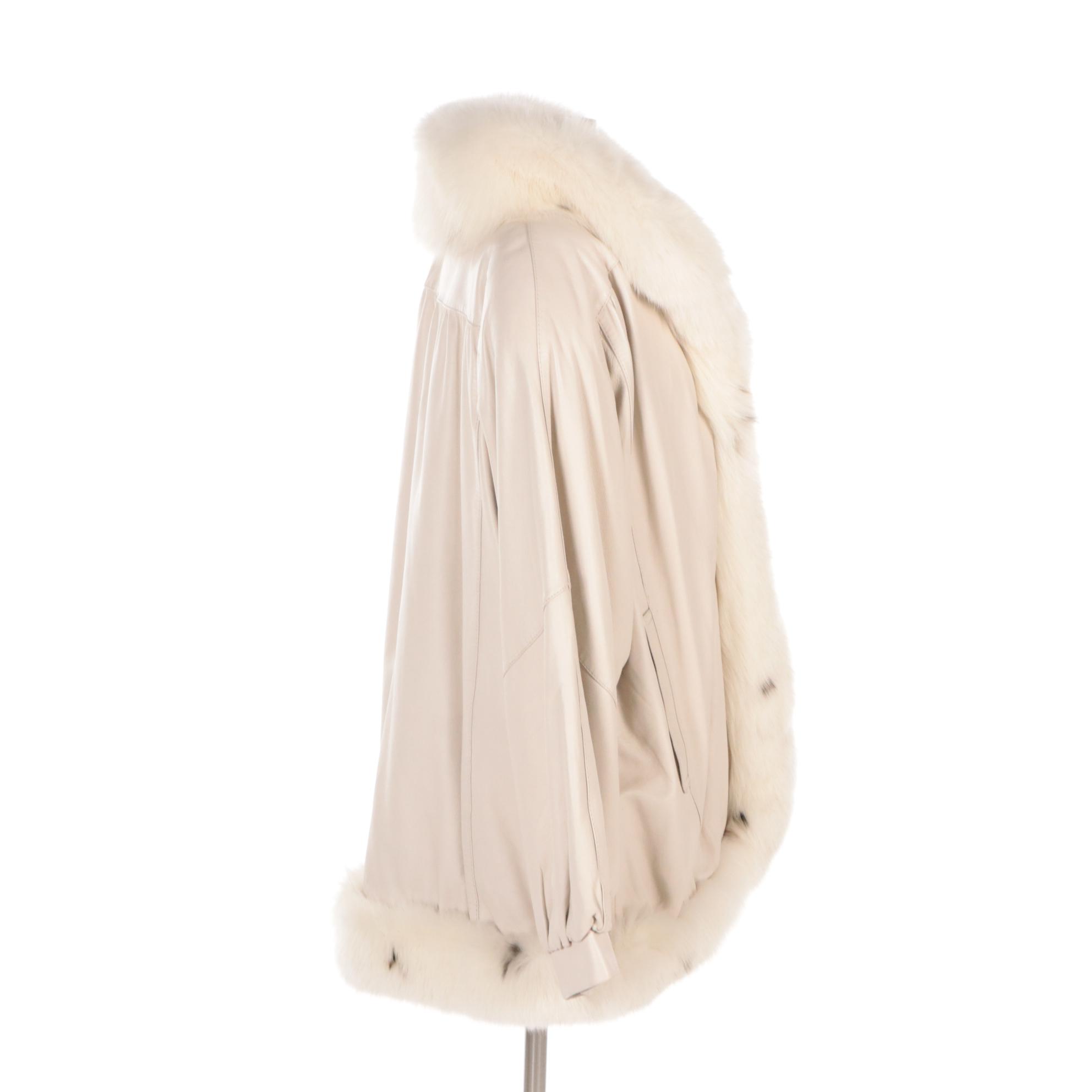 Beige Leather Coat with Dyed Fox Fur Trim