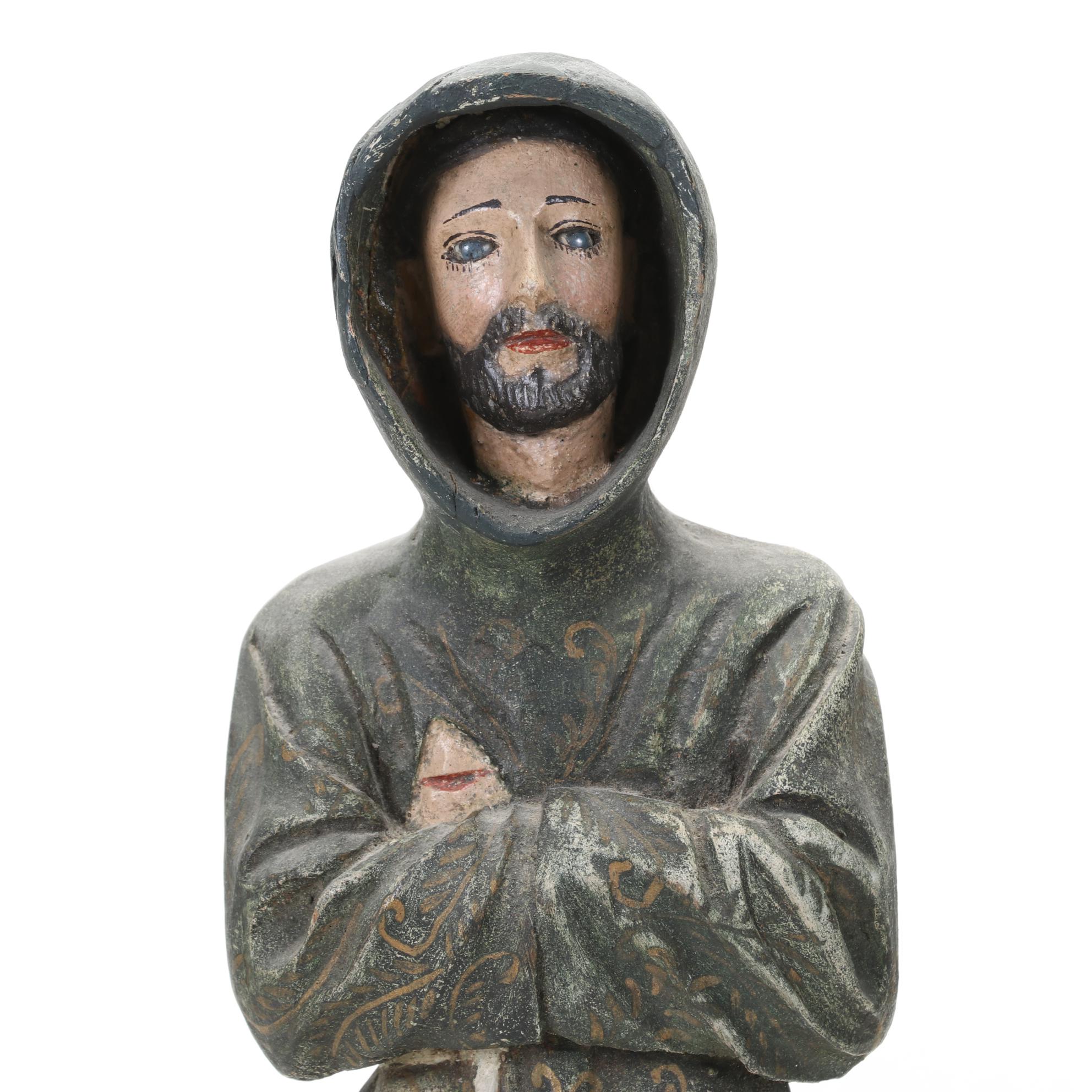 Wooden Carving of Monk With Detailed, Hand Painted Features