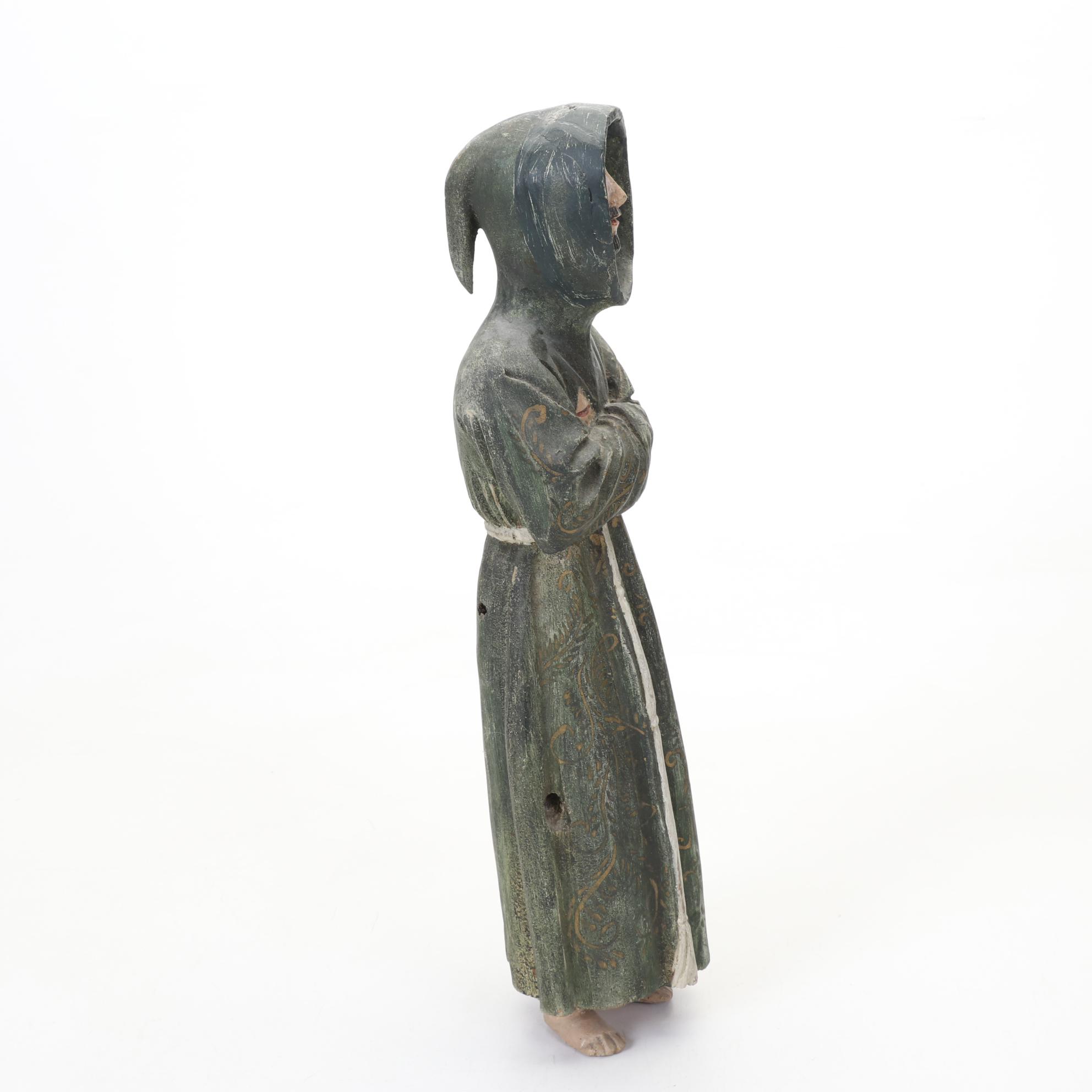 Wooden Carving of Monk With Detailed, Hand Painted Features