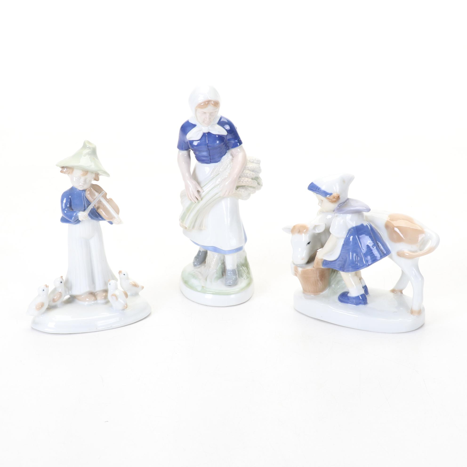 Gräfenthal Hand-Painted Porcelain Figurines Featuring Boy Playing Violin