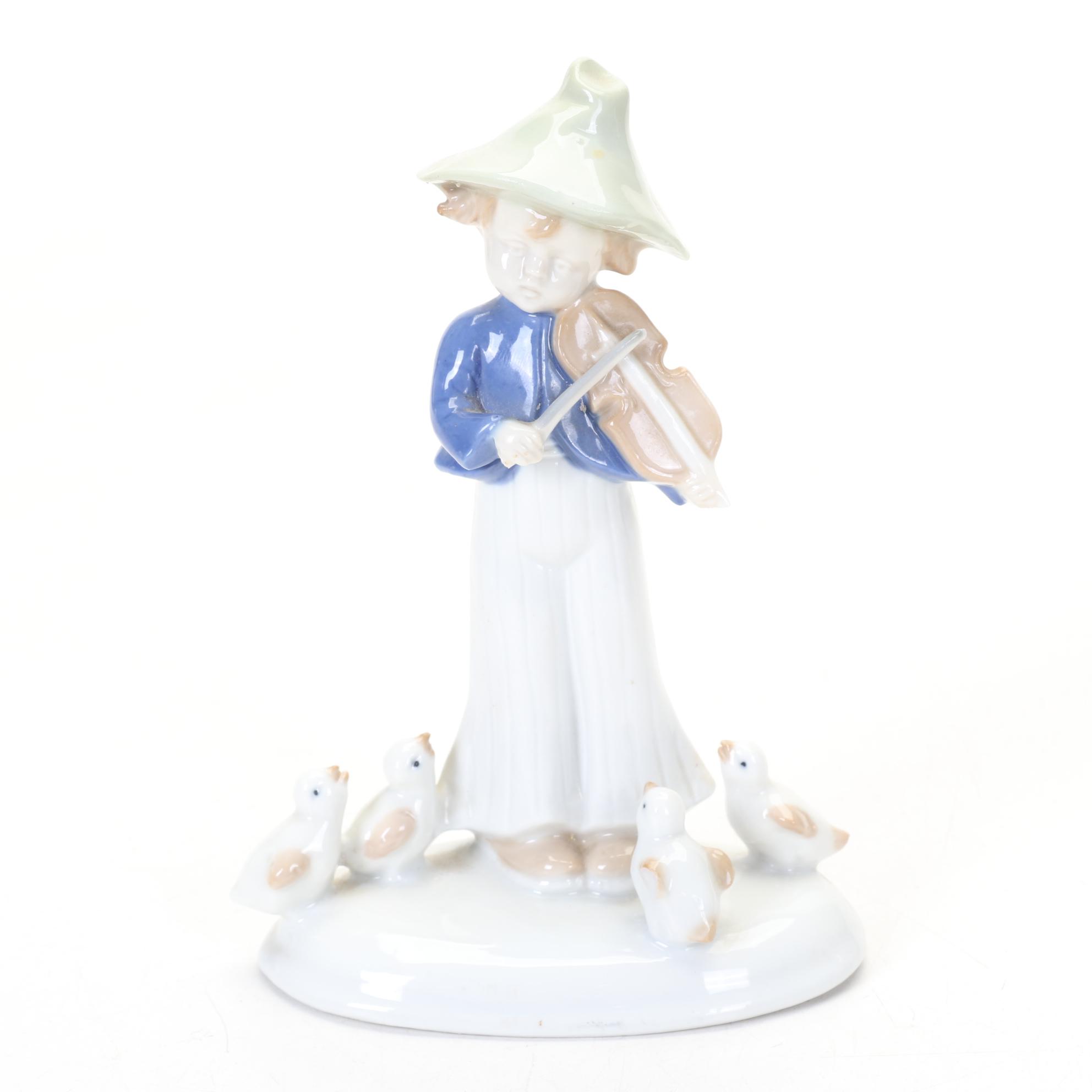 Gräfenthal Hand-Painted Porcelain Figurines Featuring Boy Playing Violin