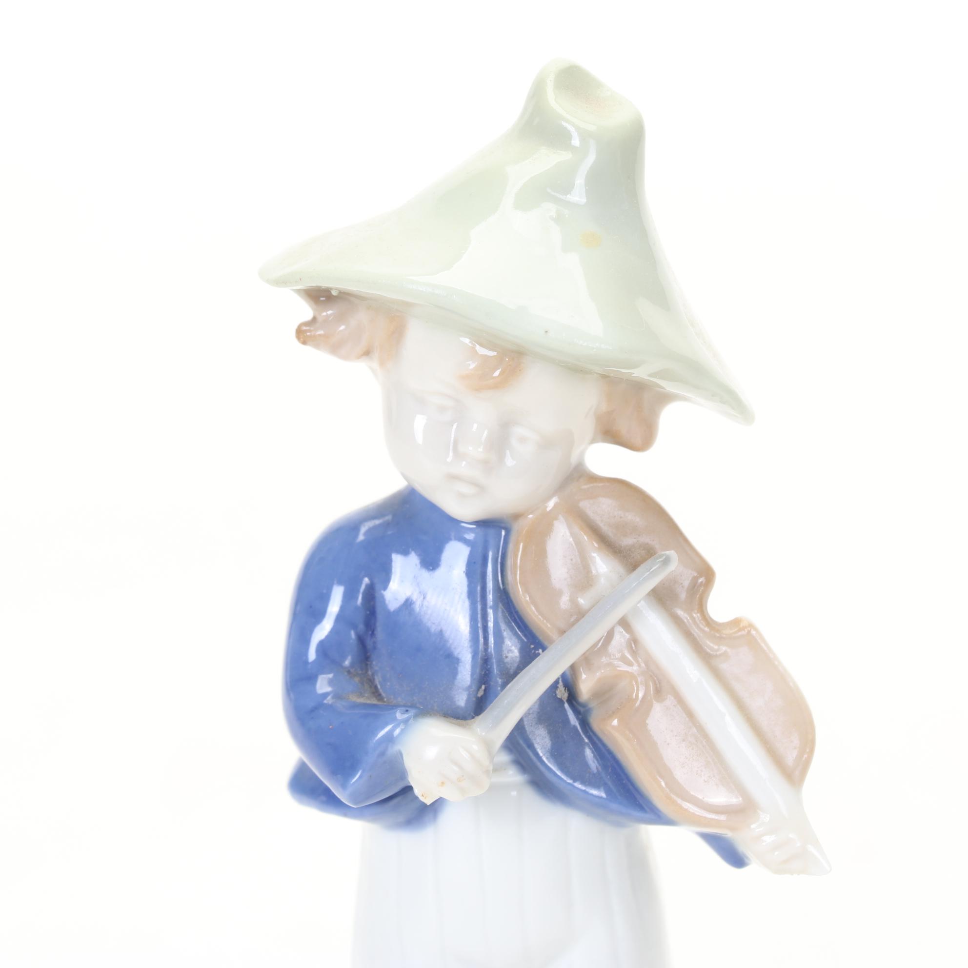 Gräfenthal Hand-Painted Porcelain Figurines Featuring Boy Playing Violin
