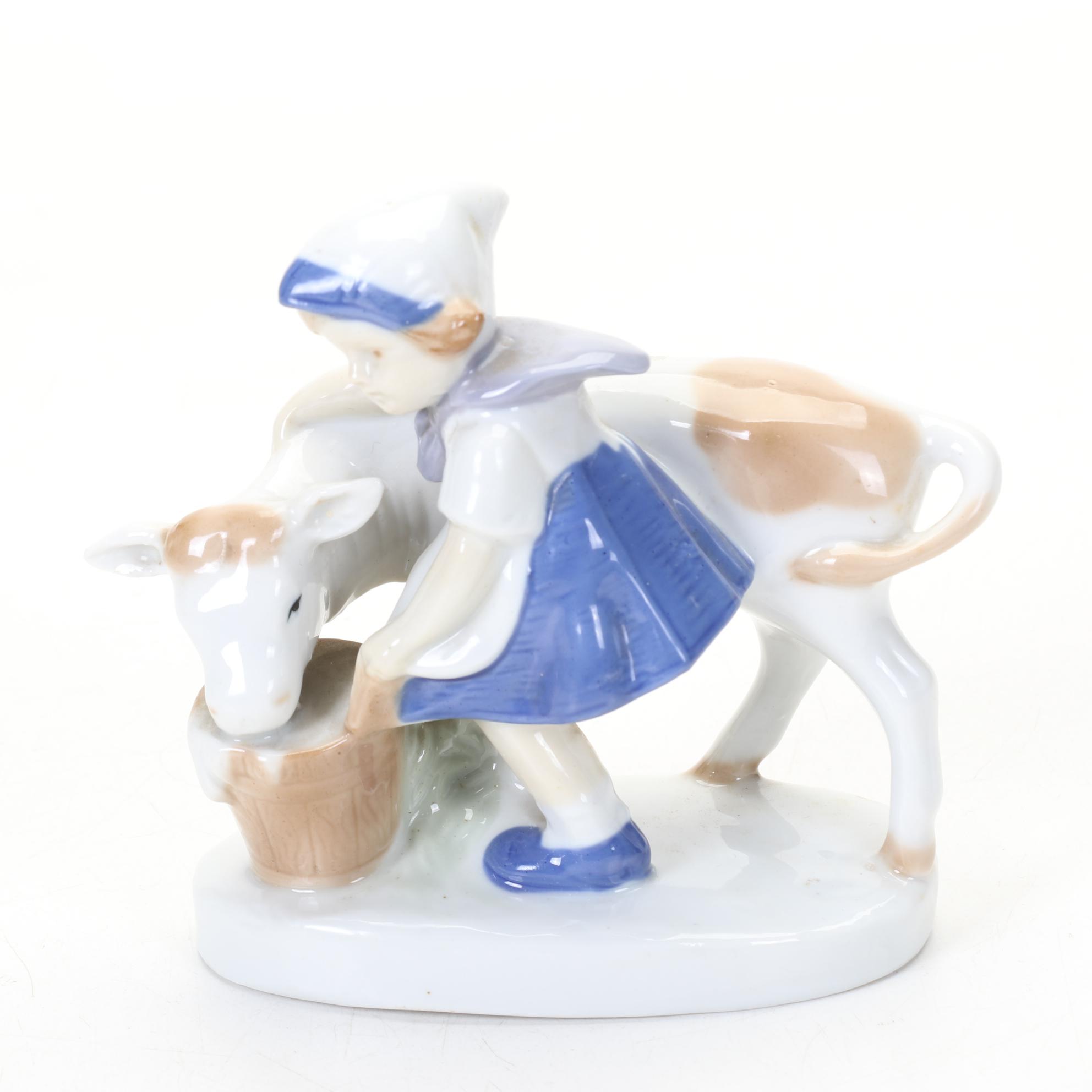 Gräfenthal Hand-Painted Porcelain Figurines Featuring Boy Playing Violin