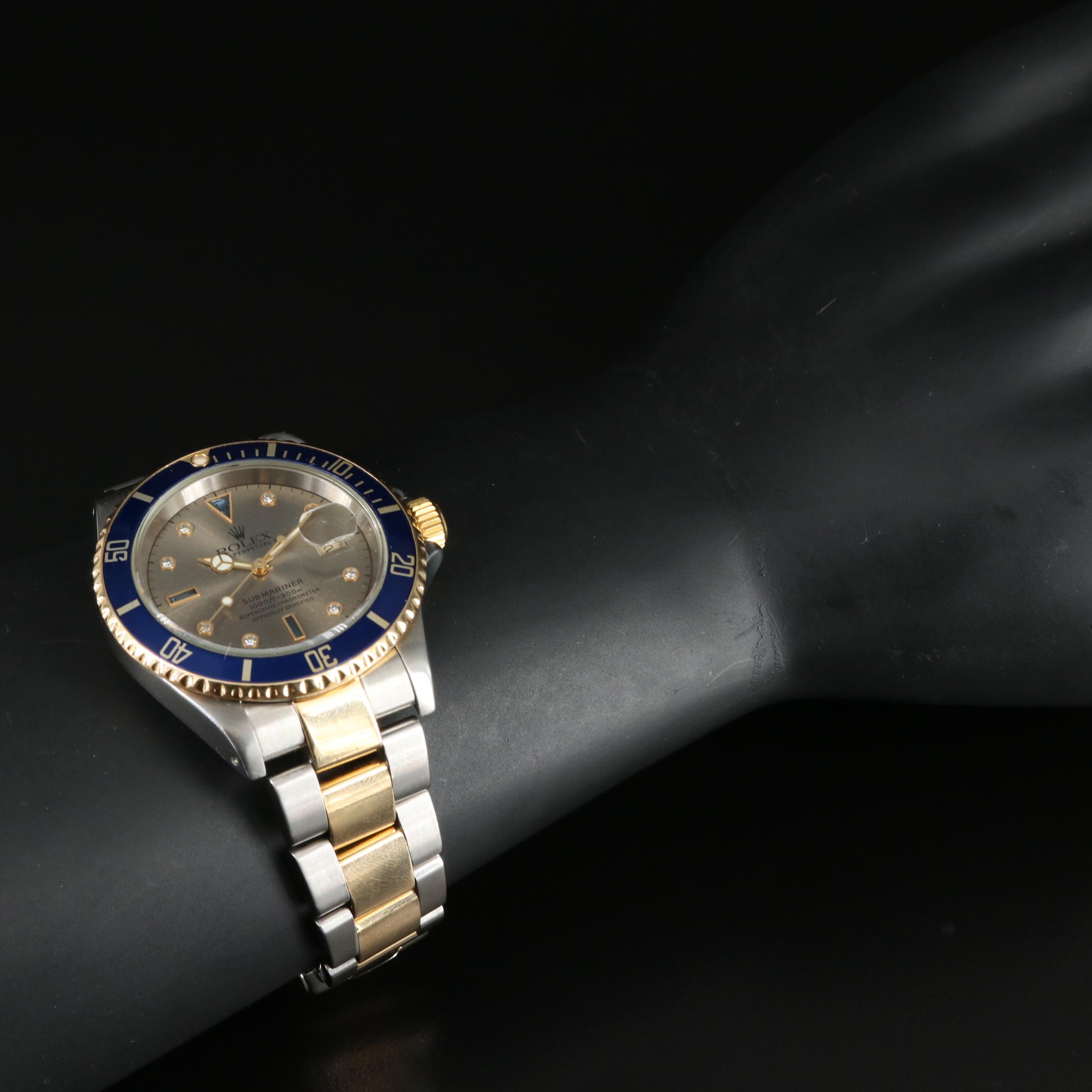 2000 Rolex Champagne Custom Diamond and Sapphire Dial Submariner Watch