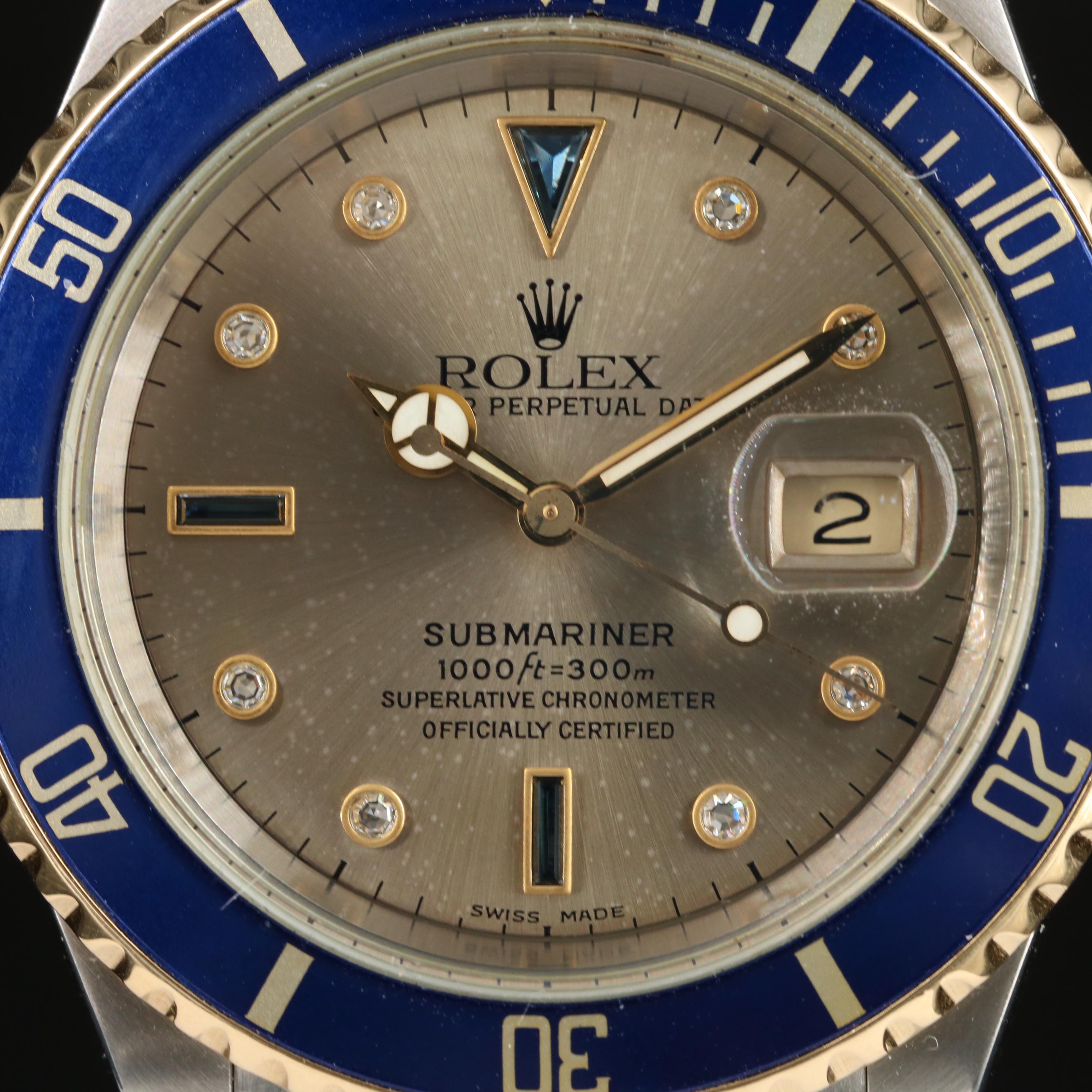 2000 Rolex Champagne Custom Diamond and Sapphire Dial Submariner Watch