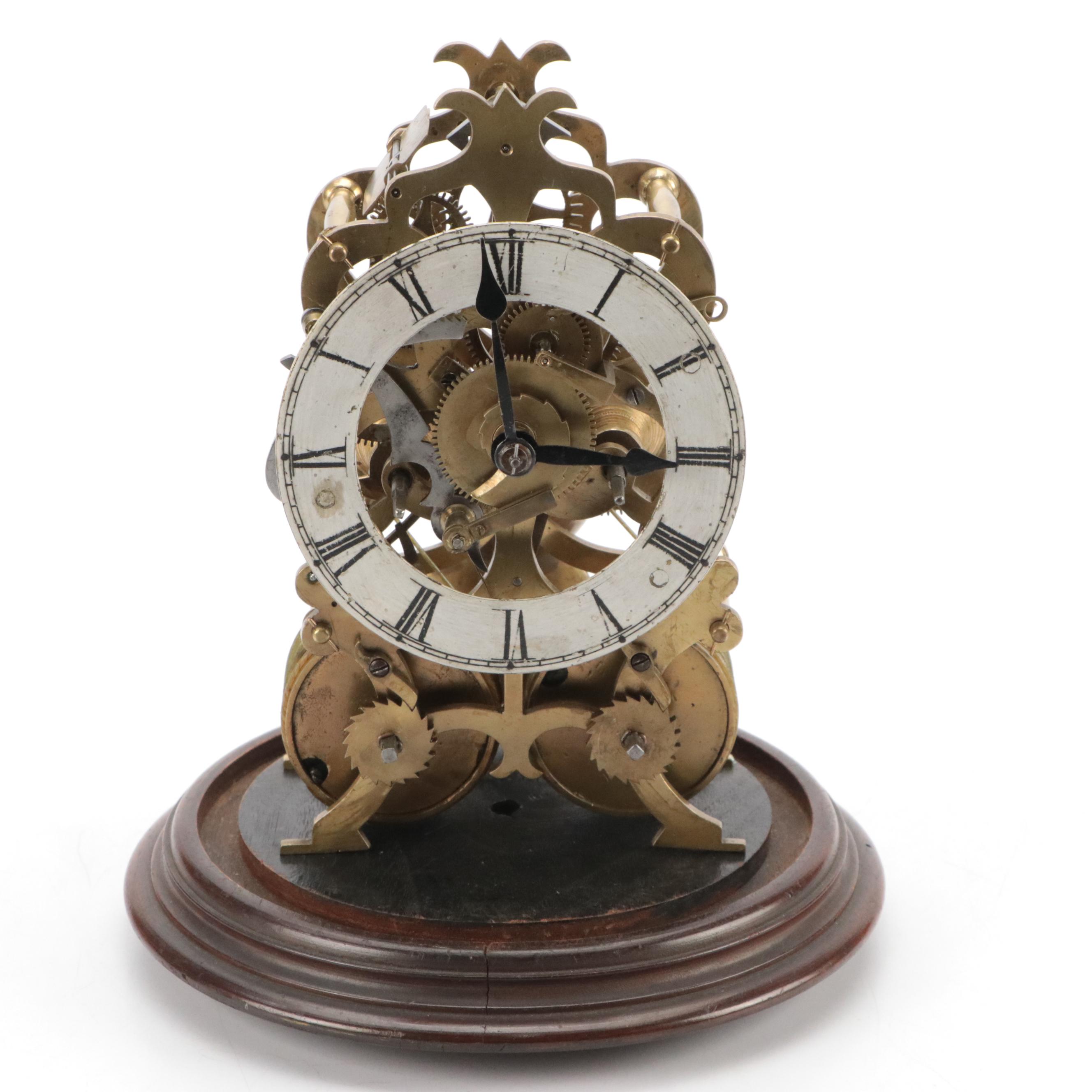 Victorian Brass Pendulum Driven 8-Day Skeleton Clock on Wood Cloche Base