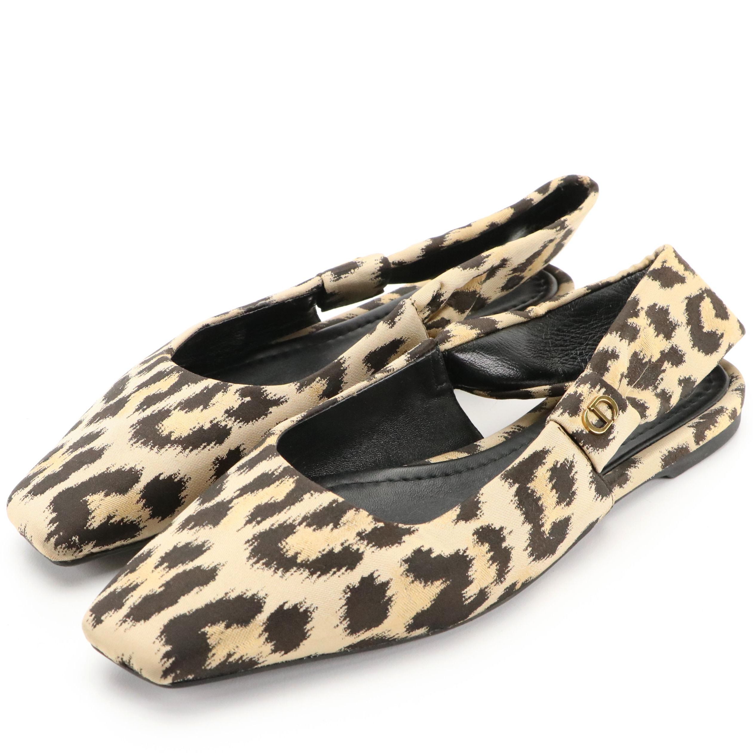 Christian Dior Mizza Square-Toe Slingback Ballet Flats in Leopard Print Nylon