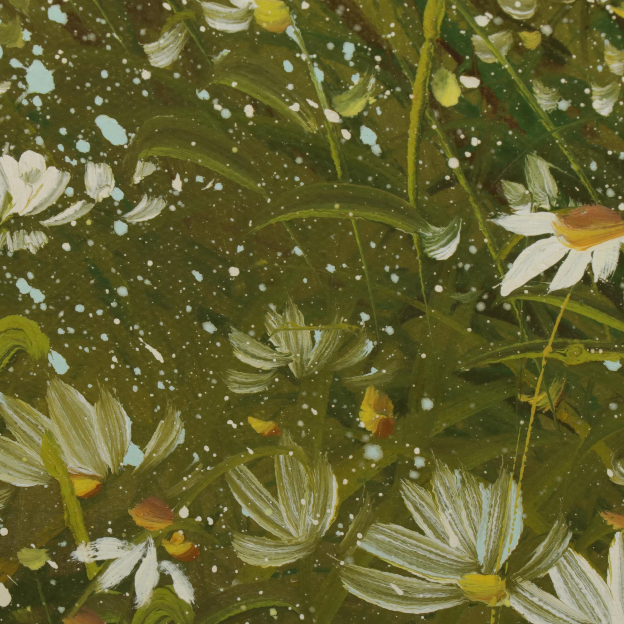 Nancy Lee Oil Painting of Rural Landscape with Daisies, 1970s