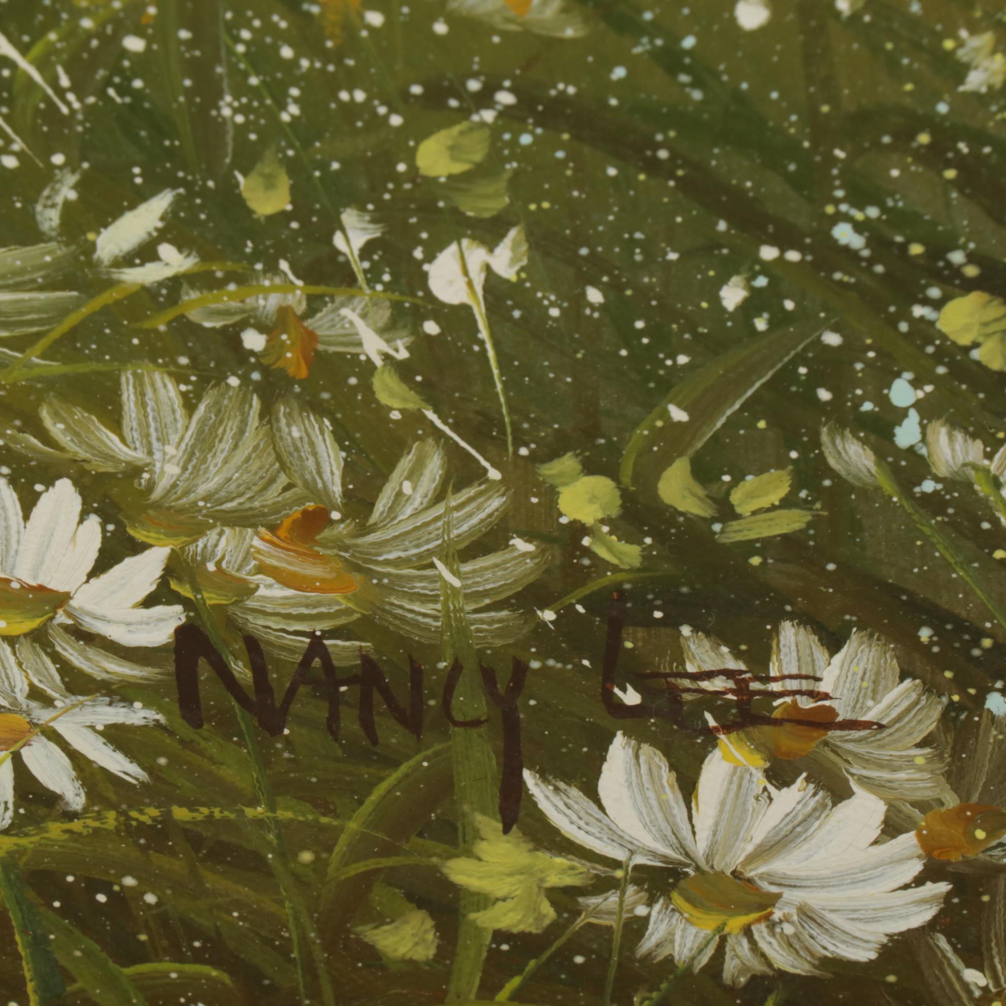 Nancy Lee Oil Painting of Rural Landscape with Daisies, 1970s