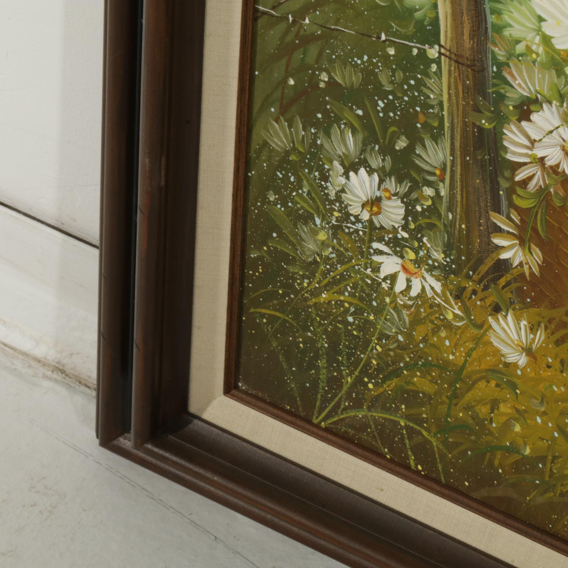 Nancy Lee Oil Painting of Rural Landscape with Daisies, 1970s
