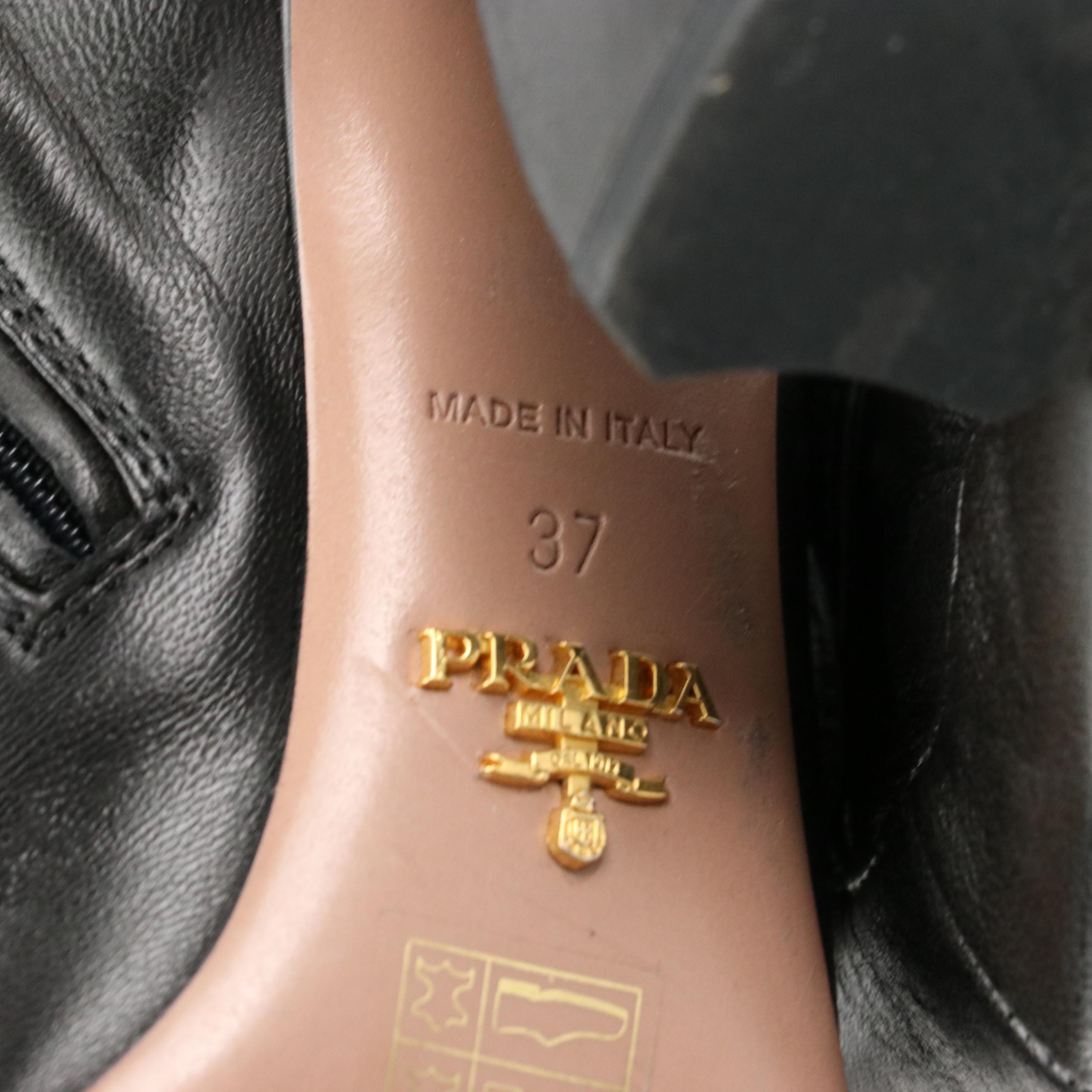 Prada Black Lambskin Leather Mary-Jane Button Buckle Knee High Boots