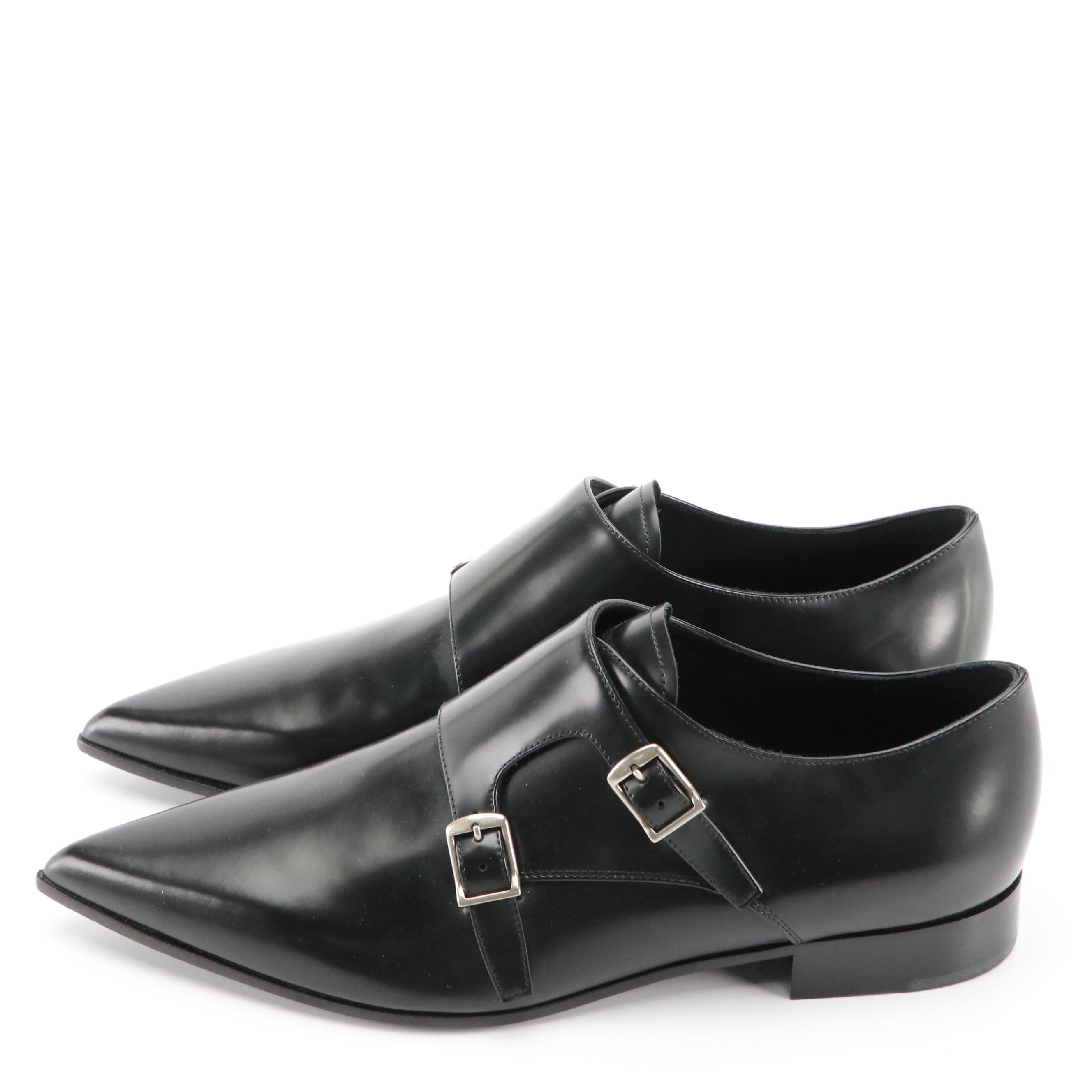 Christian Dior Black Leather Pointed-Toe Double Monk Strap Shoes