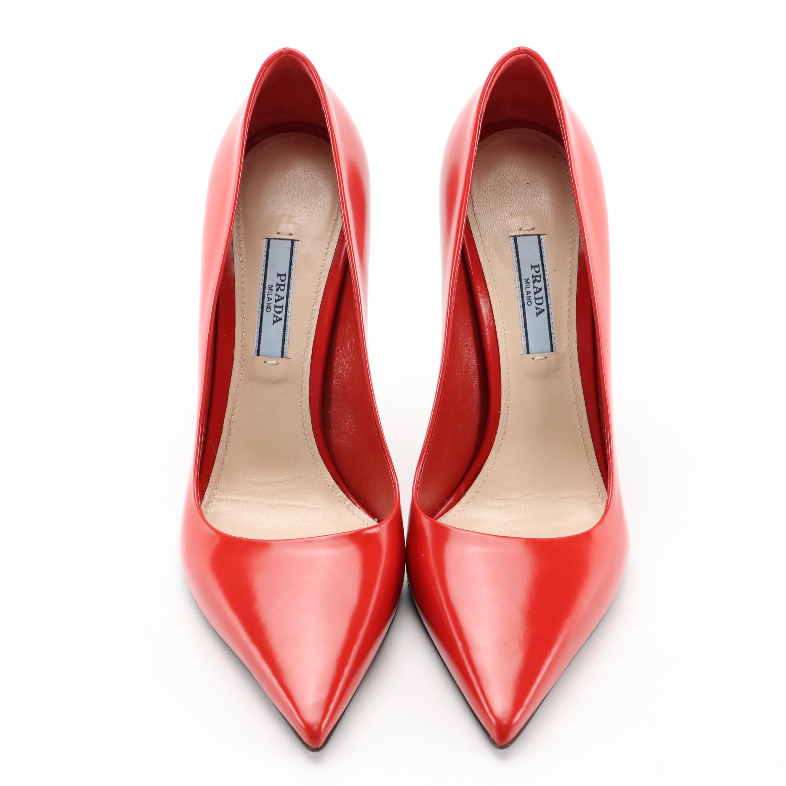 Prada Red Leather Pointed-Toe Flower Heel Cap Pumps